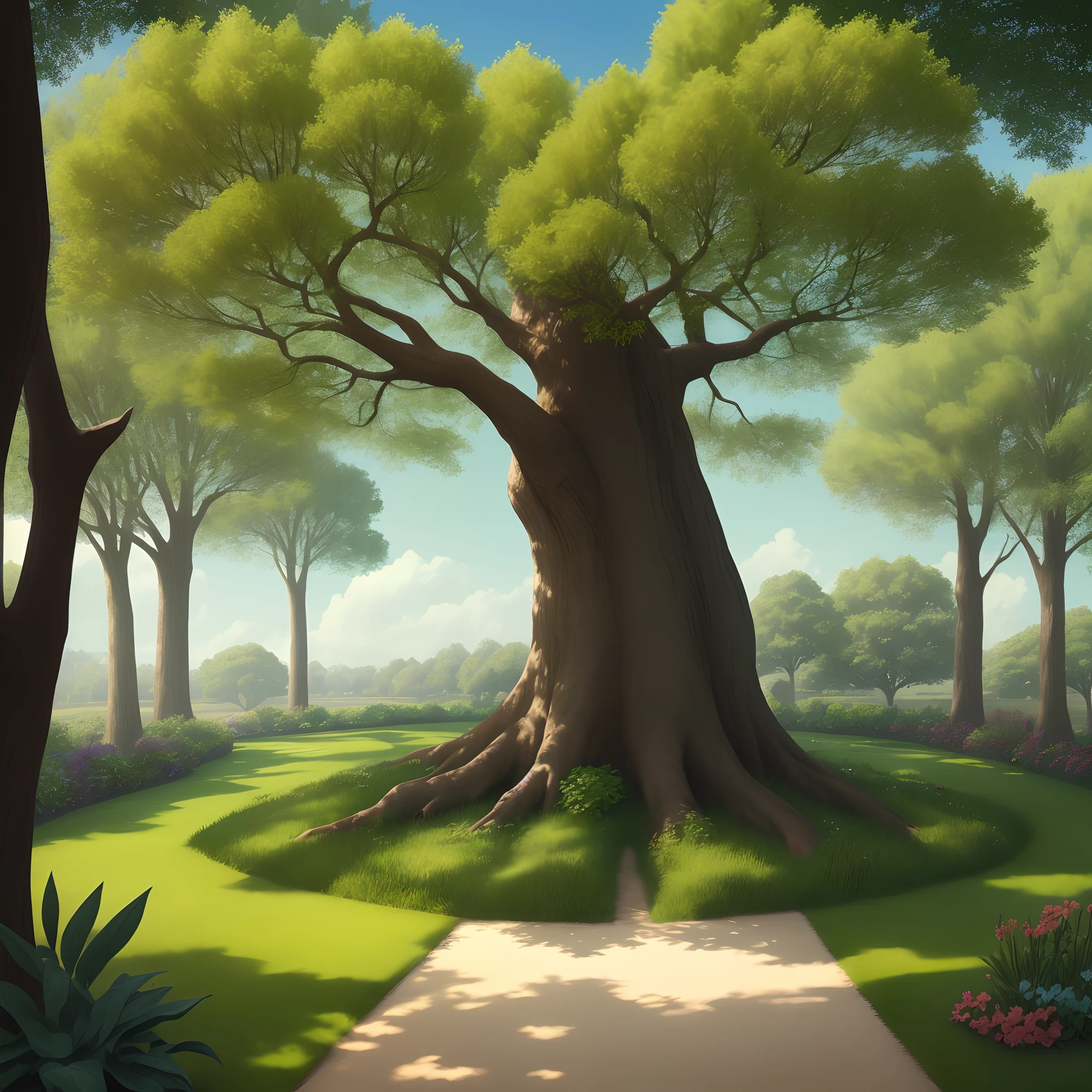 A book about the lawn,Un folleto abierto,A tree that comes out of the book, green tree, Strong and beautiful tree,it is day,El sol ilumina el. Trees and shadows the tree,