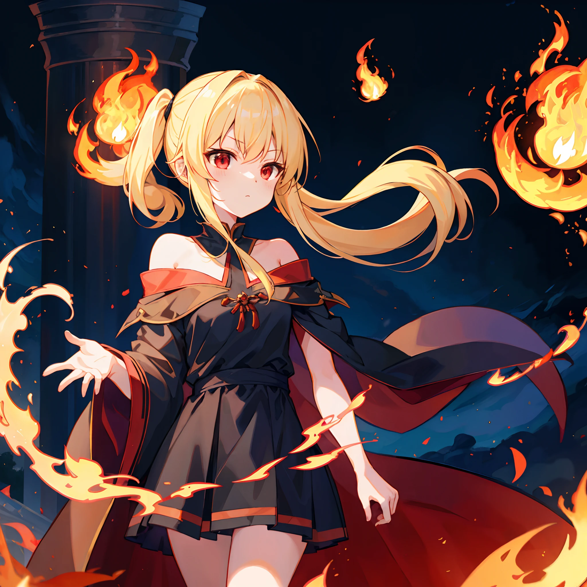 a blond、poneyTail、red eyes、One Beautiful Girl、Black dress、off shoulders、a miniskirt、Wizard robes、Pillar of fire、Flame Magic、surrounded by flames