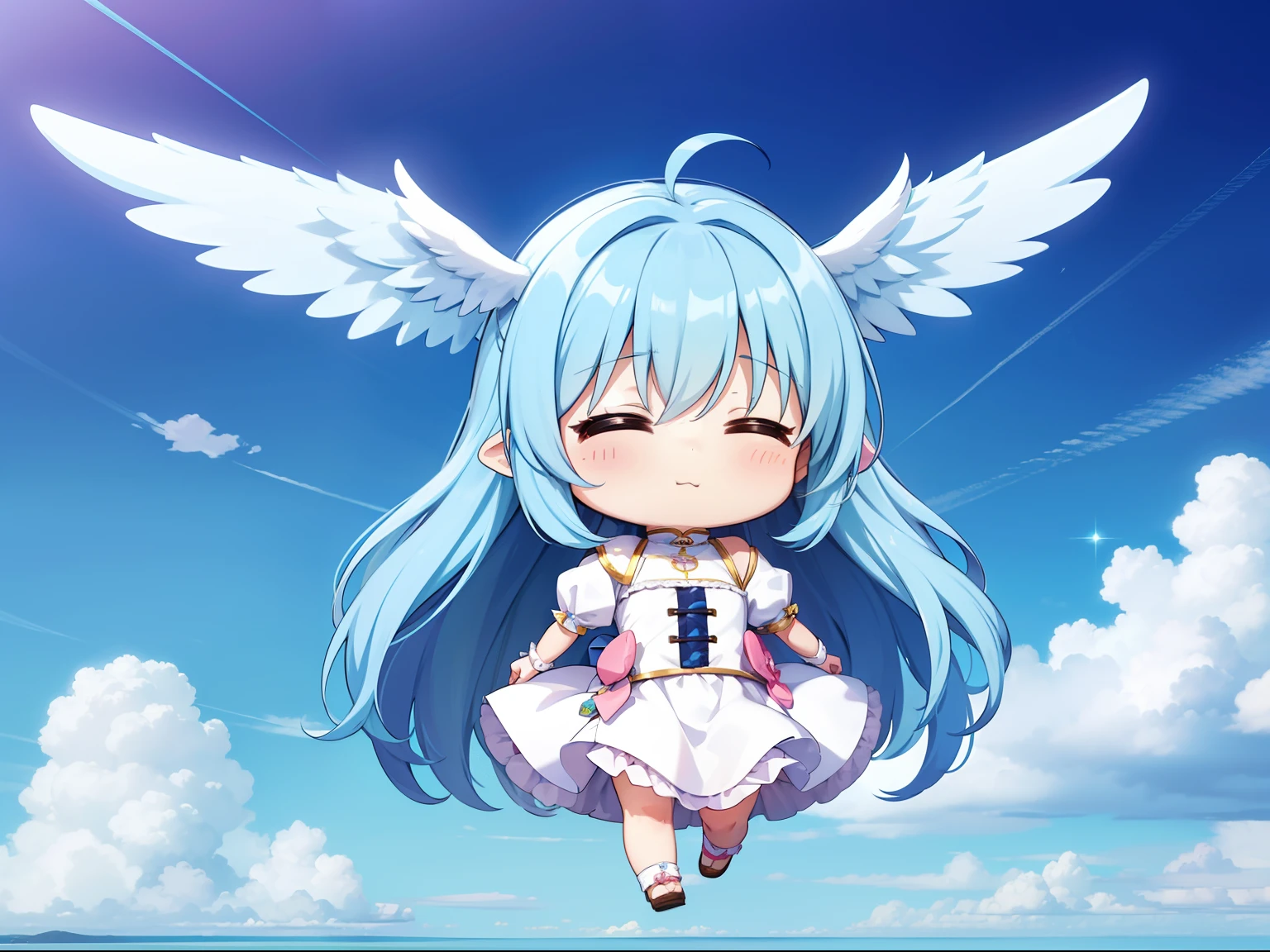 Two cute chibi characters　With the Wings of an Angel、Visible flying in the sky。long hair with blue hair((Chibi Chara))、Fluffy、girl with、Chibi Chara、full body Esbian、Pastel colors hair、masutepiece、top-quality、Large in the center