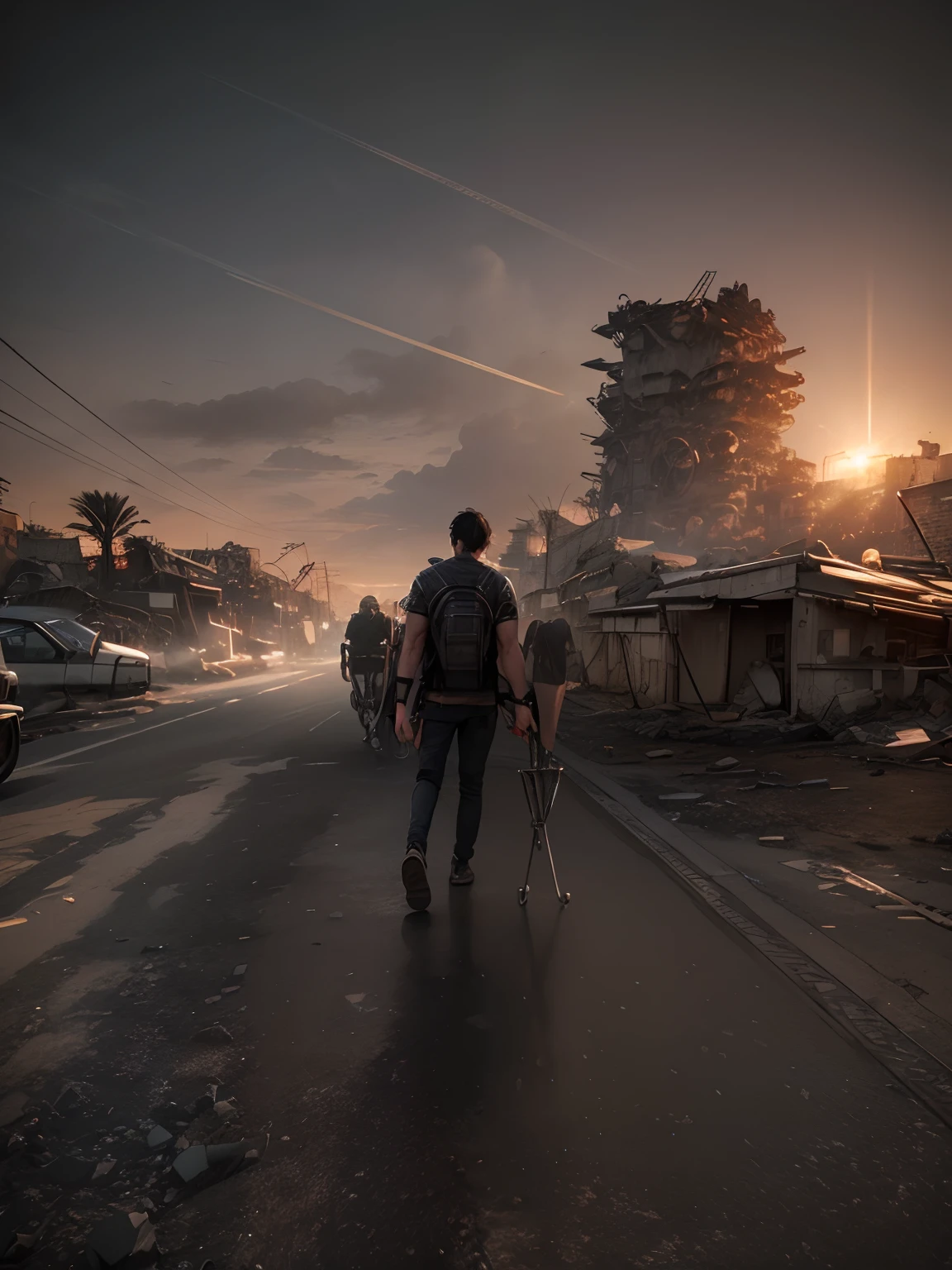 M male, (intricate details:1.22), HDR, (intricate details, hyperdetailed:1.2), full body, cinematic, intense, film composition, cinematic lighting, (rim lighting:1.3), color classification, , casual clothing, face eren yeager, strong body. 8K, apocalyptic destroyed city background, night, long black hair tied, perfect body,