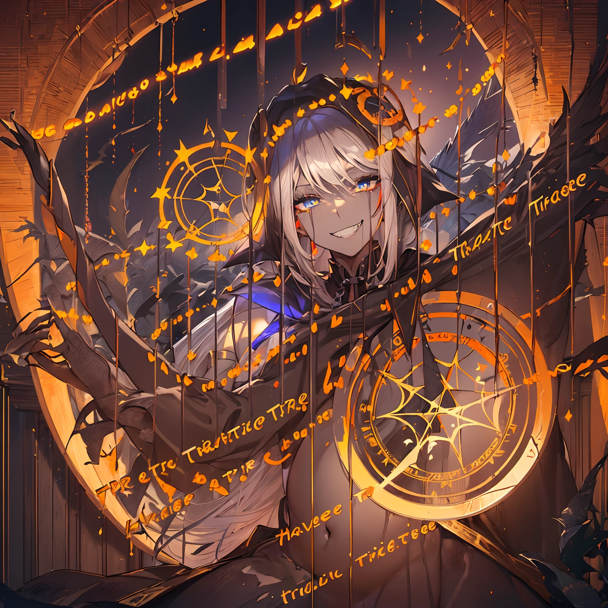 (666:1.6),(magic circle:1.6),(devil costume:1.3),(Halloween costume:1.6),(Harvest festival:1.6),(belly dancer:1.6),(trick or treat:1.6),BREAK (Darkness:1.4),elf ear:1.1,(raven wings:1.6),(dark elf:1.6),blue eyes,(milky silver hair:1.6),(ash brown skin woman:1.8),(grin:1.6),(sexy smile:1.6),(wink:1.6),(sexy pose:1.6),BREAK (highly quality),(extremely detailed CG unity 8k portrait:1.3),Breathtaking Scenery,