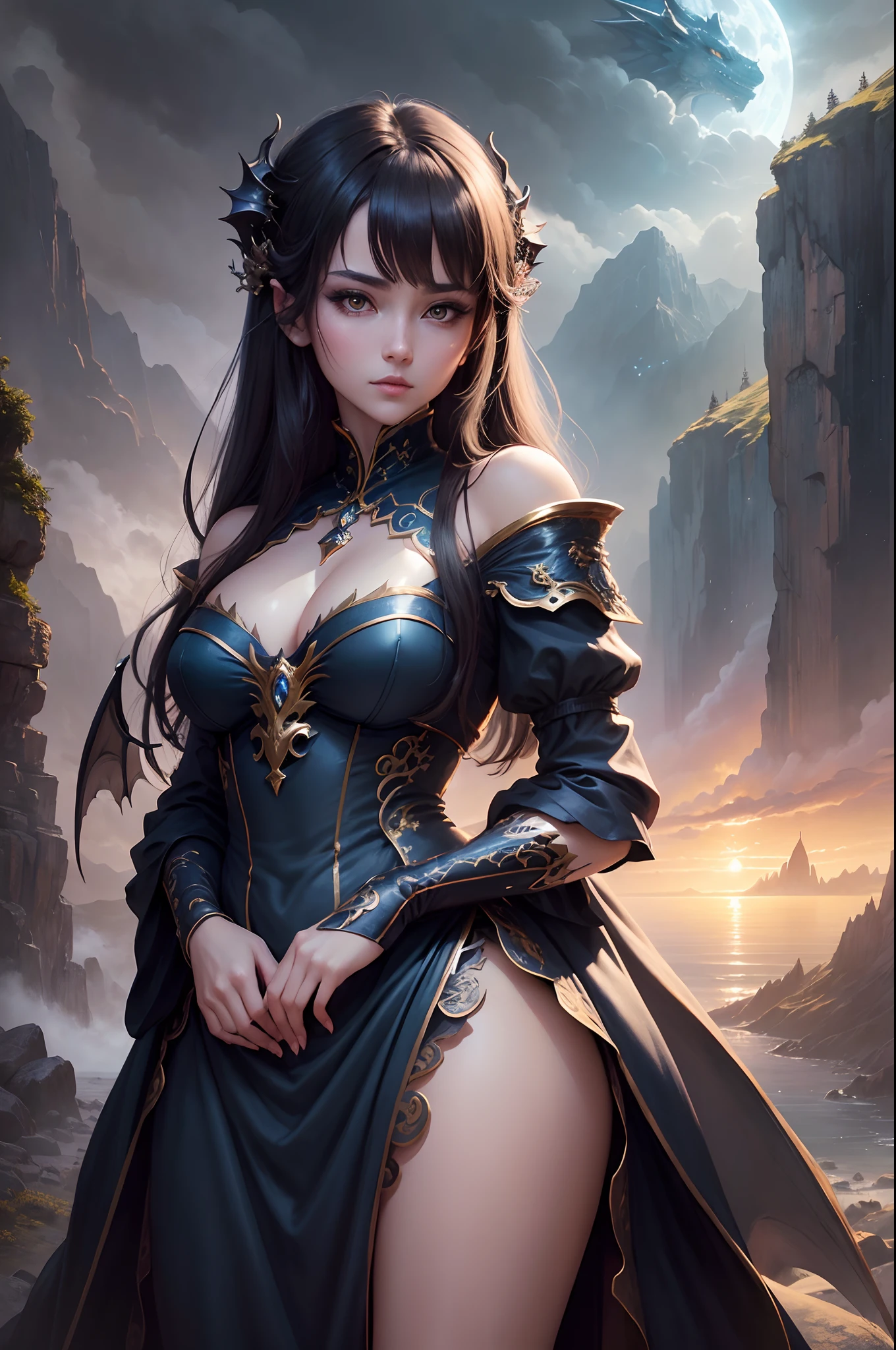 ((best quality)), ((masterpiece)), (detailed), dragon emperatriz, realistic eyes, black hair, yellow brown eyes, big breasts,big butt, sexy body, korean setin dress, evil landscape, ethereal beauty, (fantasy illustration:1.3), charming look, captivating pose, solo girl, supernatural charm, mystical sky, (anime), moonlit night, soft colors, (detailed cloudy landscape:1.3), (high resolution:1.2) (small bluish dragon on girl's shoulder) dress, on a hill, an army passing far away in a gorge below.
