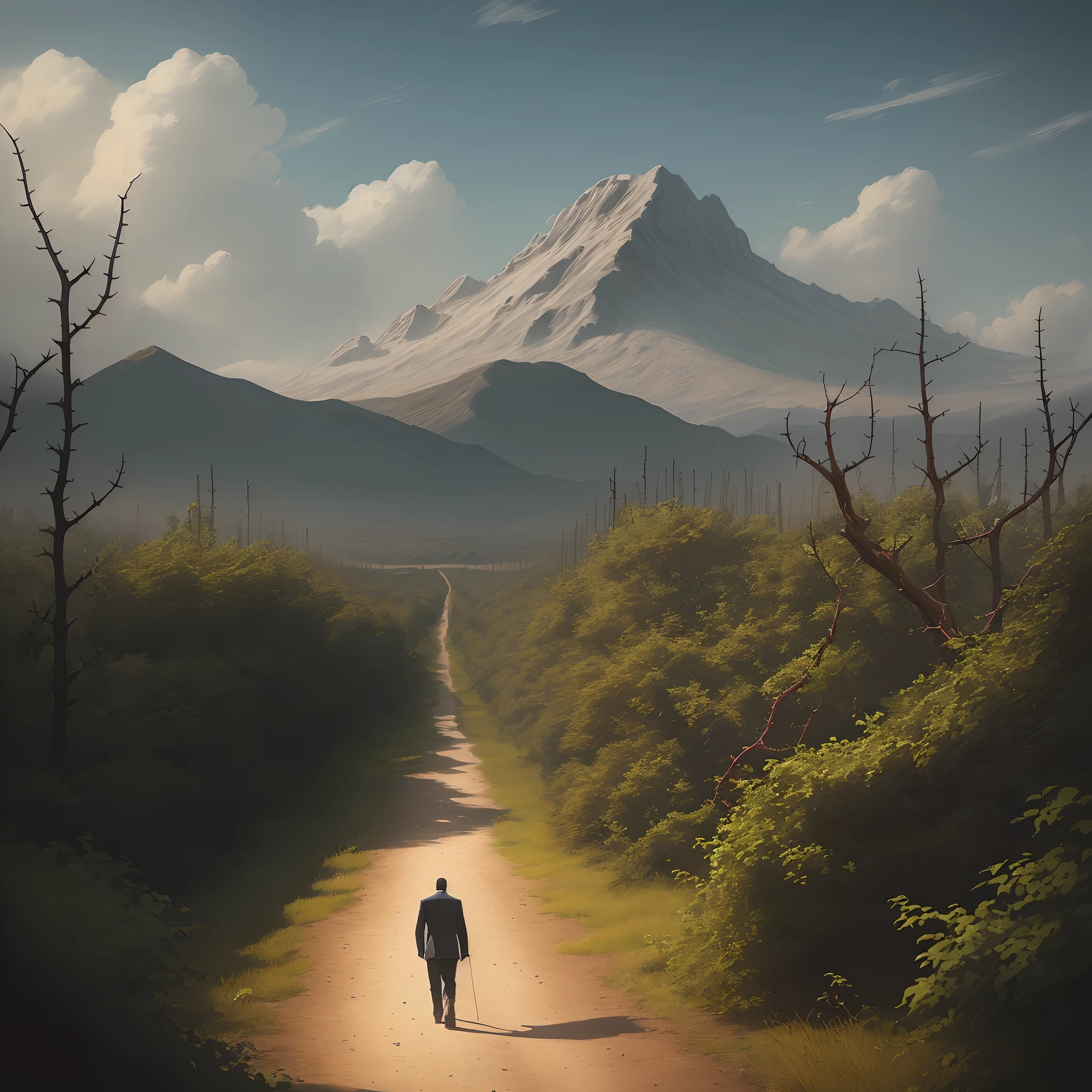 a man walks on a path full of thorns in,,
