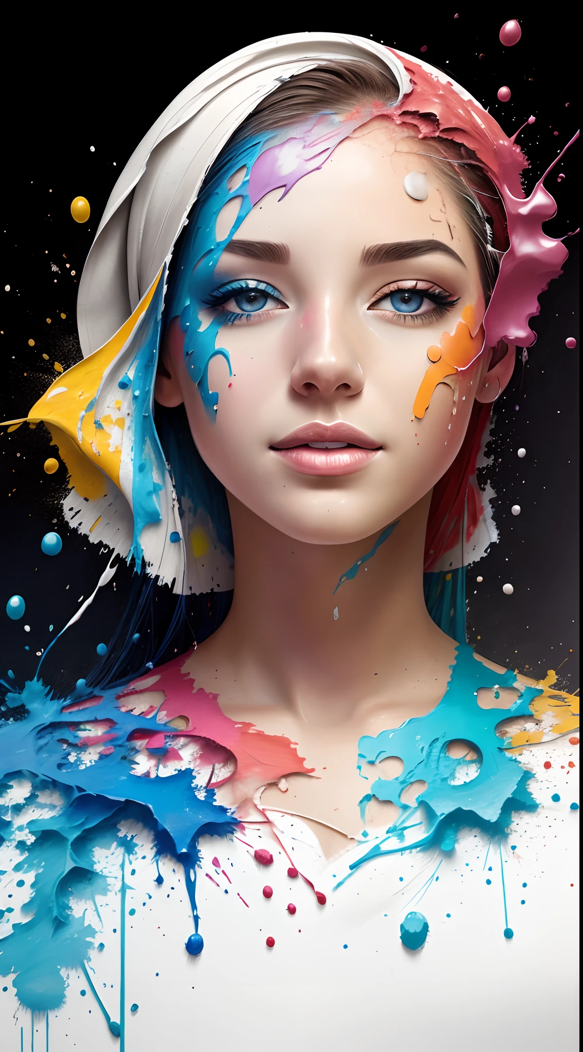 Photo realistic portrait lady smile splashes of color swirling in circles like Jupiter. Spectacular colors,Dark black background