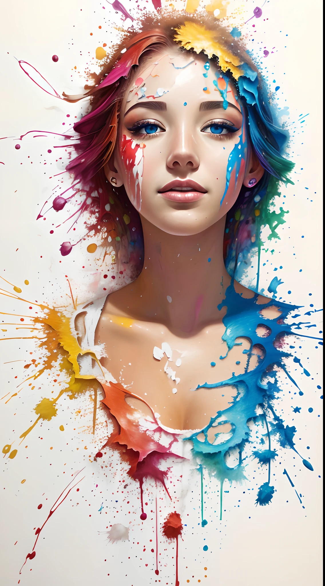 colored pencil drawing of a beautiful woman's face with paint splashed on it and drops of paint falling off --ar 4:5 --s 500