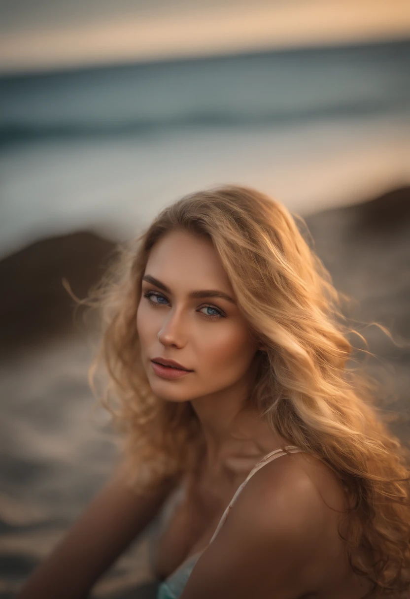 Young and beautiful woman, blonde hair gently falling in waves to the shoulders, Average Height, big green eyes, fair skin, In a swimsuit lying on the beach, godzin 1 popoludinu, malediwy, The surroundings are illuminated by sunlight, making her hair shine, jej oblicze jest naturalnie pogodne, tekstura 8K, Very detailed, realistyczne, Soft Cinema Light, HDR, Sharp focus, masterpiece, fotorealistyczne, Photography Award - Winning Canon EOS R5, 35 mm