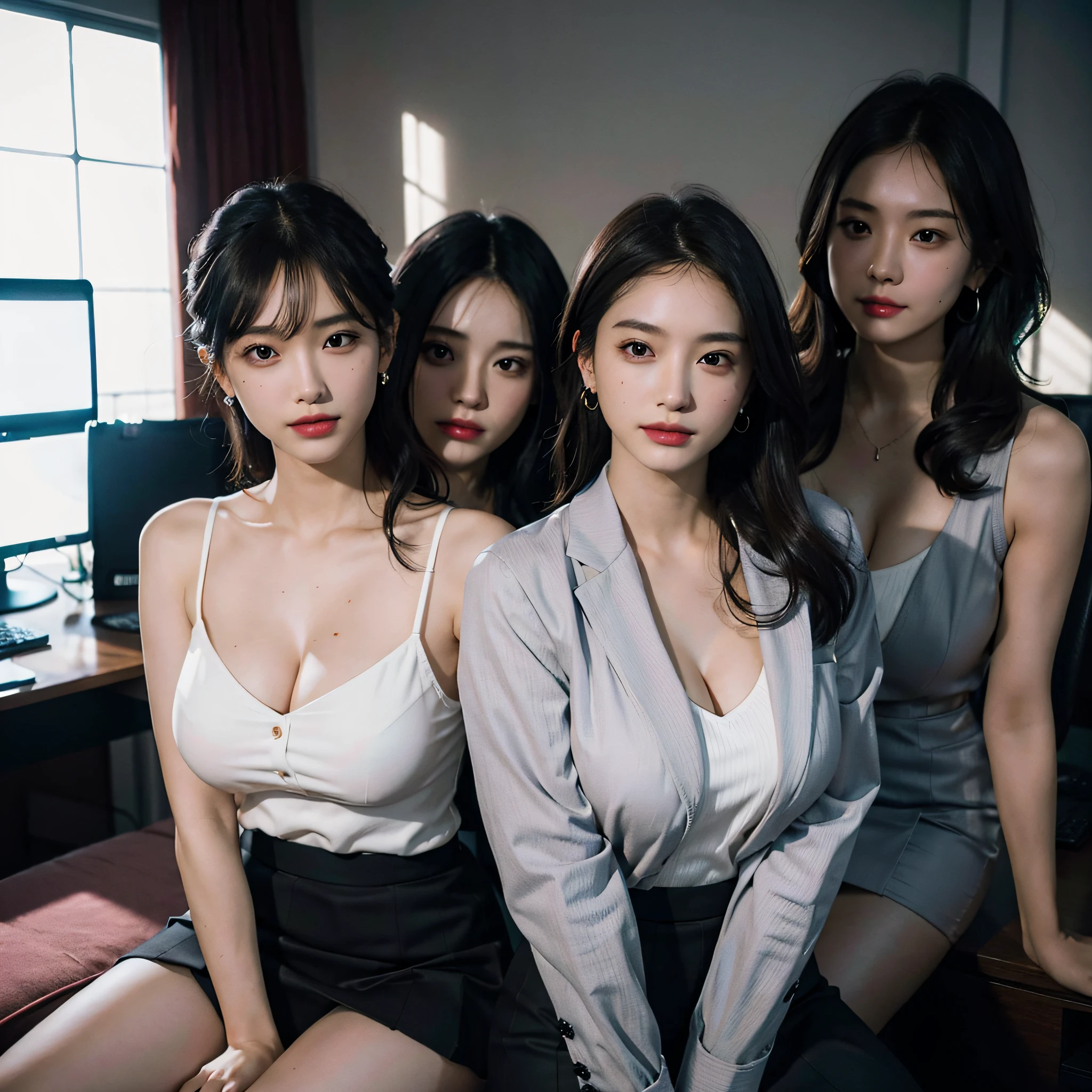 absurdres, RAW photo, extremely delicate and beautiful, masterpiece, Best Quality, ultra high resolution, 16k, hyperrealistic, ultra-detailed, Very detailed CG 8k wallpaper, Beautiful Lighting, Perfect Lightning, Realistic Shadows, perfect anatomy, super Detailed skin, perfect figure, Japanese woman, late 20s, very Slim body, narrow waist, very small head, handsome detailed woman, very detailed eyes and face, realistic face proportions, Stunning detailed eyes, Realistic beautiful face, very small face, Realistic small beautiful eyes, double eyelids, makeup, tearful mole, mole on chest, earring, bare legs, beautiful and very thin legs, beautiful and very thin thighs, (very huge round breasts:1.3), short hair, wavy hair, sweat, tight-fitting, cleavage, Fine Collarbone, (3 girls:1.5), (office lady suit:1.3), (skirt suit), (suit jacket),