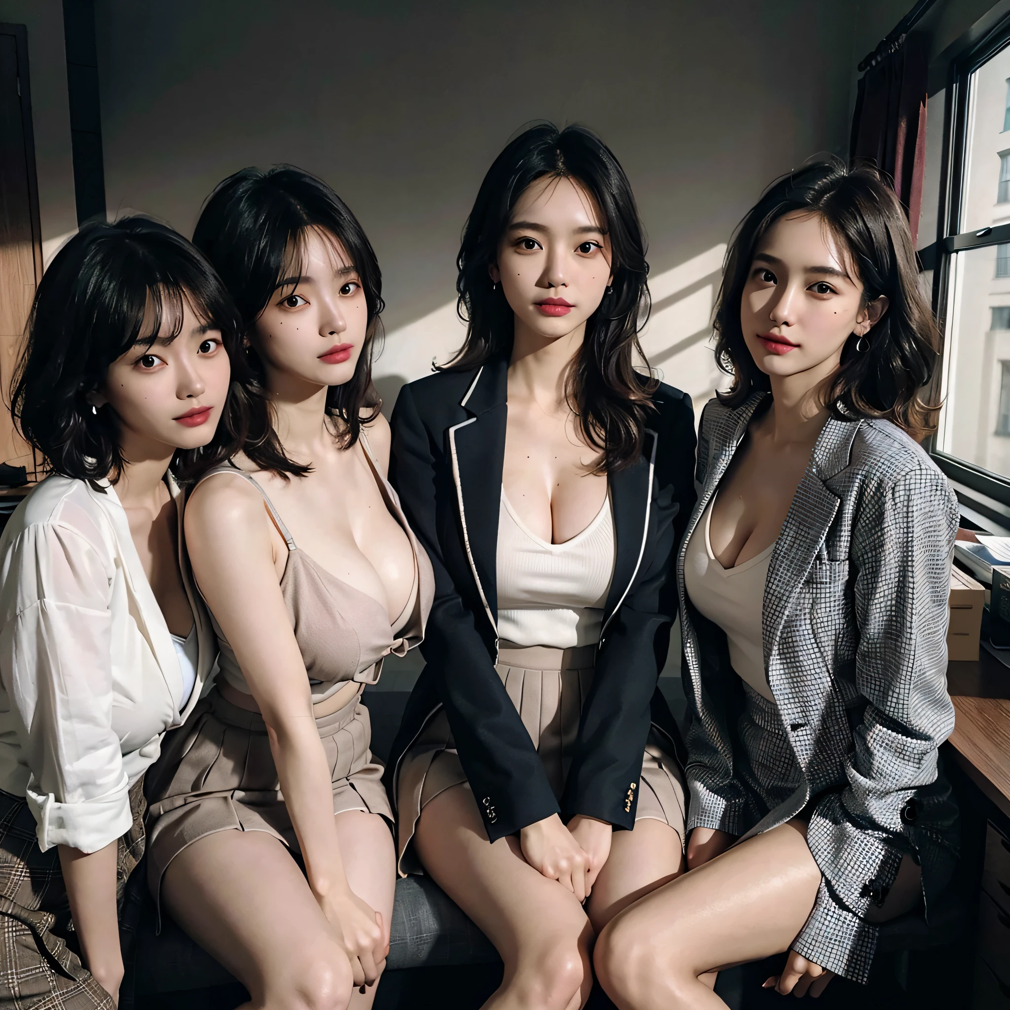 absurdres, RAW photo, extremely delicate and beautiful, masterpiece, Best Quality, ultra high resolution, 16k, hyperrealistic, ultra-detailed, Very detailed CG 8k wallpaper, Beautiful Lighting, Perfect Lightning, Realistic Shadows, perfect anatomy, super Detailed skin, perfect figure, Japanese woman, late 20s, very Slim body, narrow waist, very small head, handsome detailed woman, very detailed eyes and face, realistic face proportions, Stunning detailed eyes, Realistic beautiful face, very small face, Realistic small beautiful eyes, double eyelids, makeup, tearful mole, mole on chest, earring, bare legs, beautiful and very thin legs, beautiful and very thin thighs, (very huge round breasts:1.3), short hair, wavy hair, sweat, tight-fitting, cleavage, Fine Collarbone, (3 girls:1.5), (office lady suit:1.3), (skirt suit), (suit jacket),