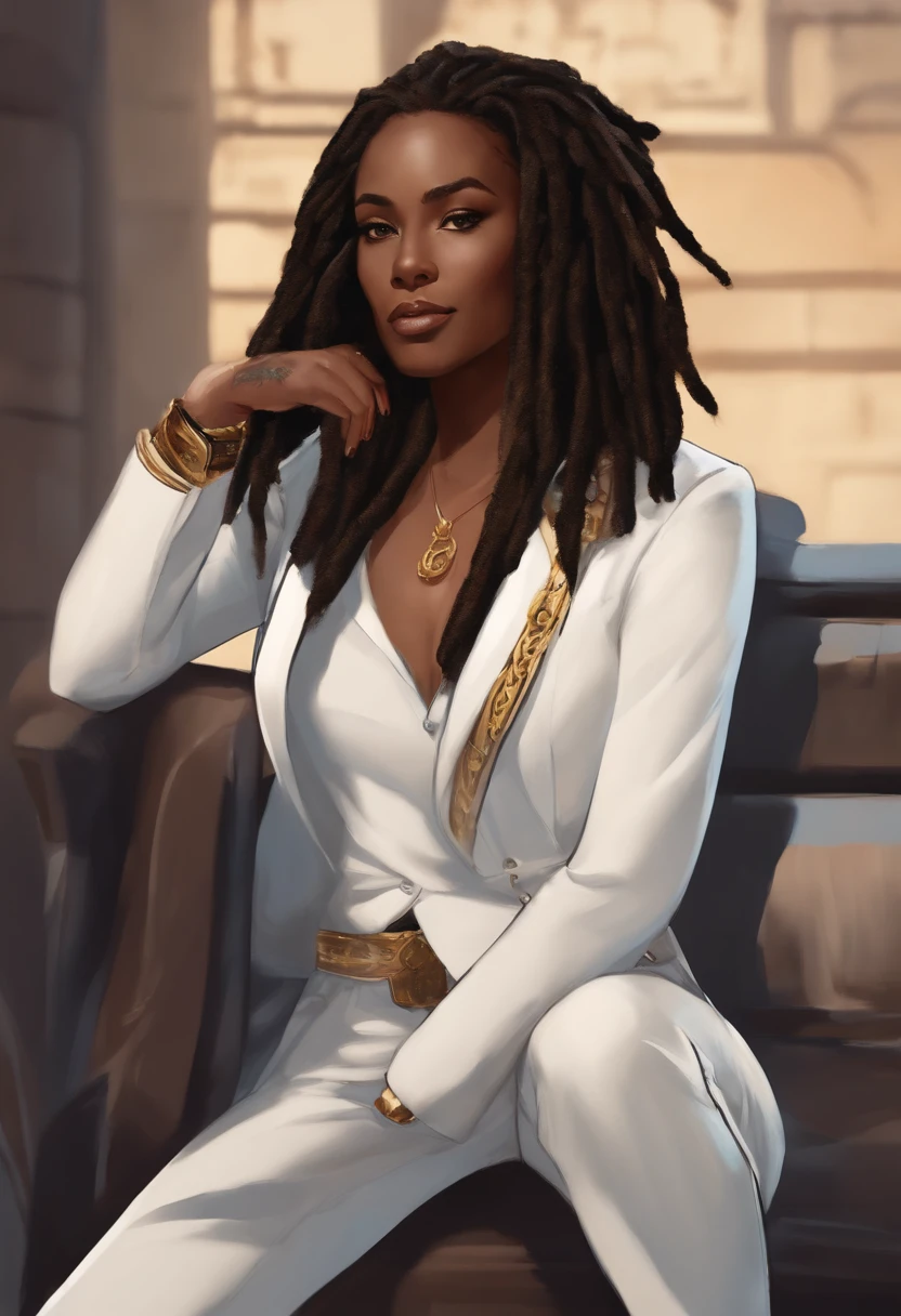 Jovem de pele escura com olhos azuis e jaqueta preta, Dreadlocks azuis claros, Estilo Dreadlock Cheveux, em estilo anime, colorful sketch, conceito de personagem irrealista, Retrato do conceito do personagem de mim, retrato detalhado do caractere, Personagem estilo anime, Retrato estilo anime, Um retrato de personagem, cel - estilo de arte sombreado, Sua roupa consiste em um preto, Unbuttoned blazer with gold buttons on the front of the blazer and the bottom of the sleeves and he wears a white V-neck shirt, white trousers, um grande cinto preto com uma fivela de ouro, um cinto preto menor pendurado na lateral do quadril, e um sapato bege com fivelas pretas, inspiré par King of Fighters