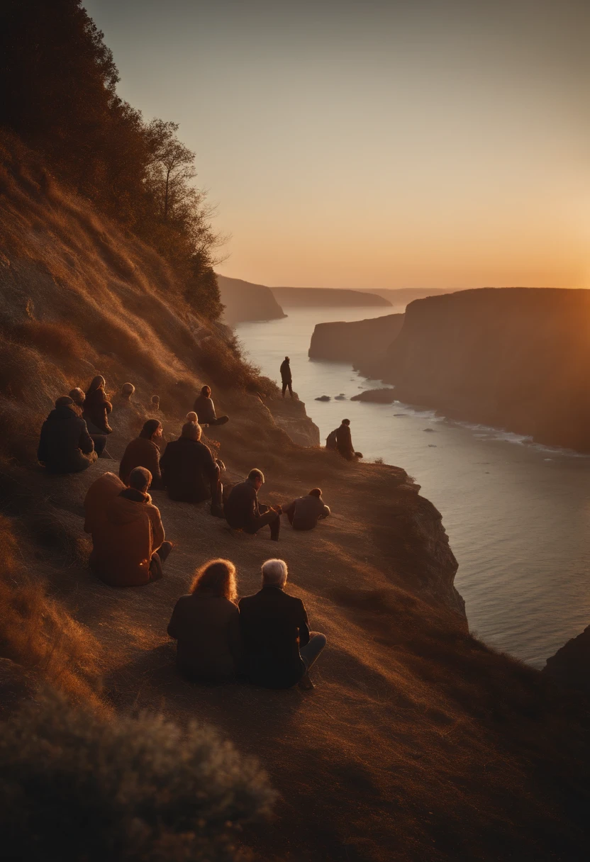 Scene of people of different ages and backgrounds looking at the sunset on the horizon on the edge of a cliff in thought