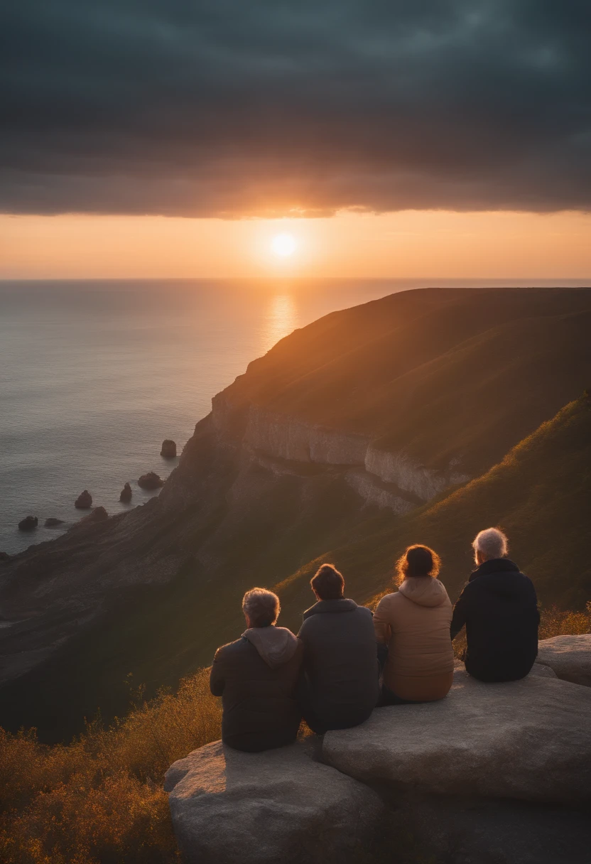 Scene of people of different ages and backgrounds looking at the sunset on the horizon on the edge of a cliff in thought