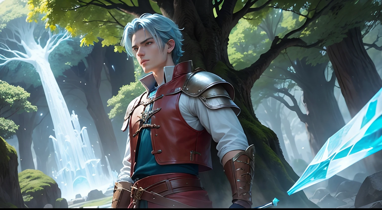 Vahn a medieval man near a giant crystal tree, 18 years old with short blue windy hair, white shirt, red leather vest, red glove in one arm, blue pants,, in front of a glowing giant magic green tree in the center, green stem, mana tree, medieval, campo gramado (middle part hair ) detailed face, handsome