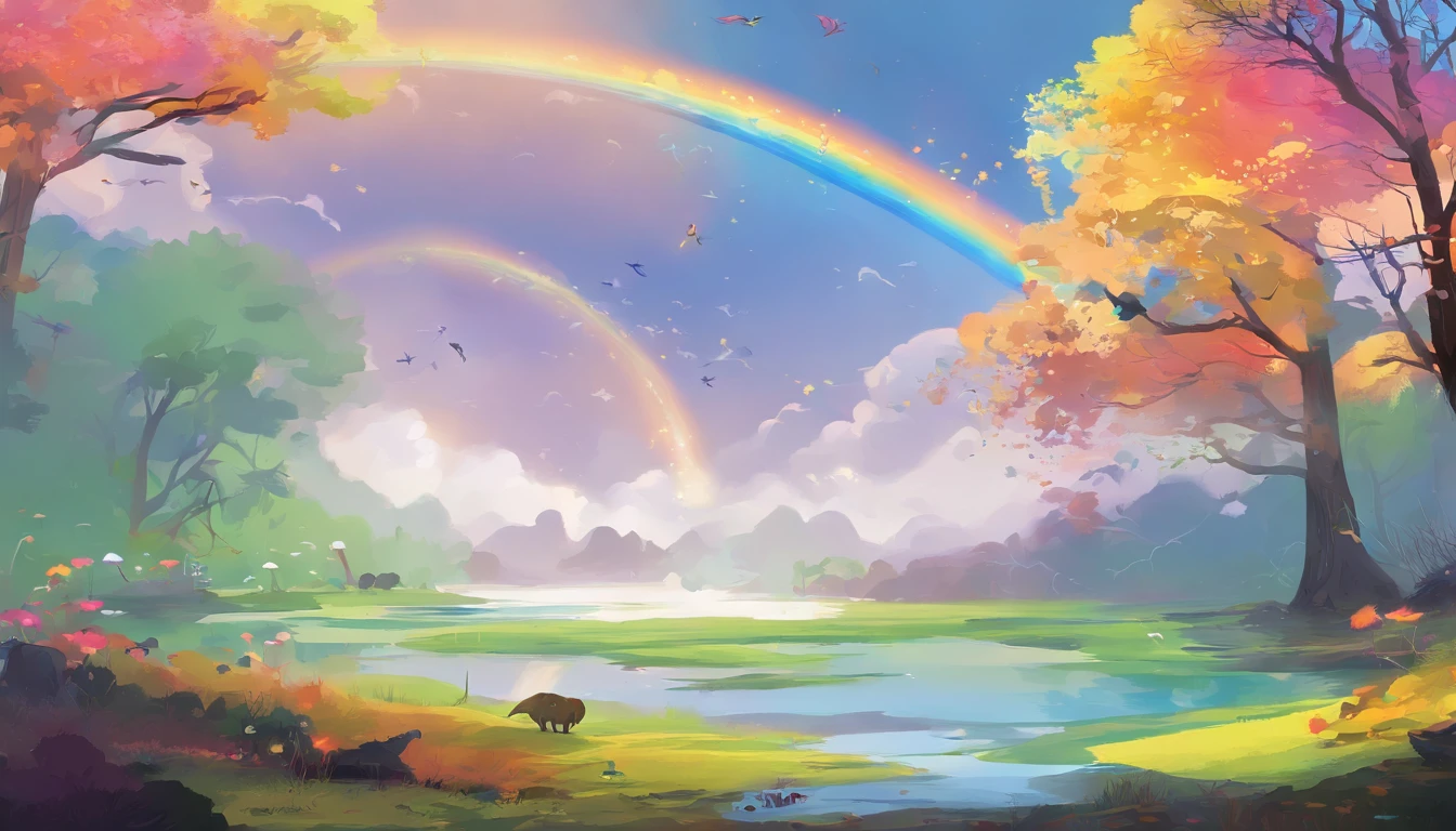 ((A rainbow appears in the sky after the rain)),baiyun, after rainny, Calm lake, inverted image, The outline of the tree, Birds fly, freshen, magical, Beautiful natural landscape