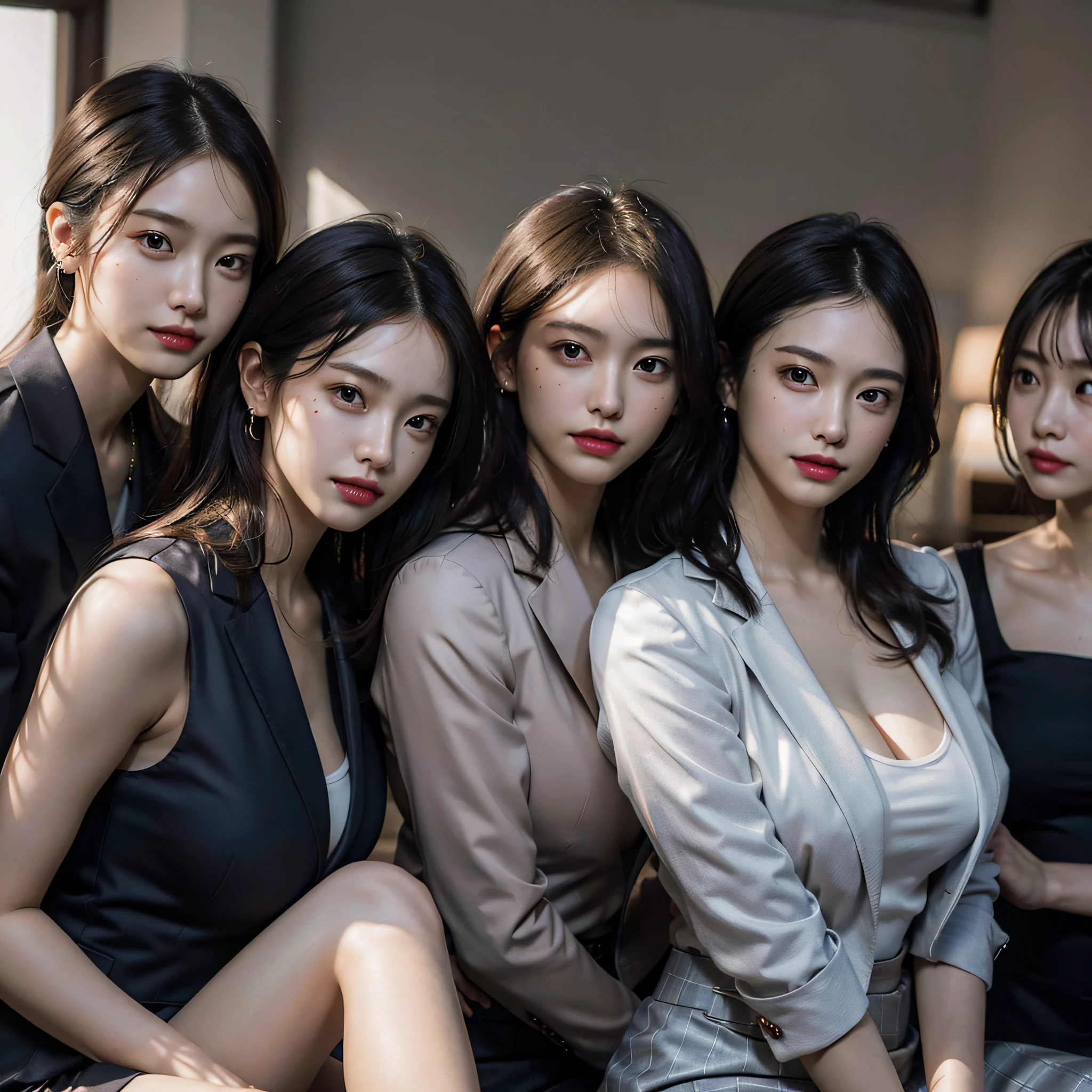 absurdres, RAW photo, extremely delicate and beautiful, masterpiece, Best Quality, ultra high resolution, 16k, hyperrealistic, ultra-detailed, Very detailed CG 8k wallpaper, Beautiful Lighting, Perfect Lightning, Realistic Shadows, perfect anatomy, super Detailed skin, perfect figure, Japanese woman, late 20s, very Slim body, narrow waist, very small head, handsome detailed woman, very detailed eyes and face, realistic face proportions, Stunning detailed eyes, Realistic beautiful face, very small face, Realistic small beautiful eyes, double eyelids, makeup, tearful mole, mole on chest, earring, bare legs, beautiful and very thin legs, beautiful and very thin thighs, (very huge round breasts:1.3), short hair, wavy hair, sweat, tight-fitting, cleavage, Fine Collarbone, (3 girls:1.5), (office lady suit:1.3), (skirt suit), (suit jacket),