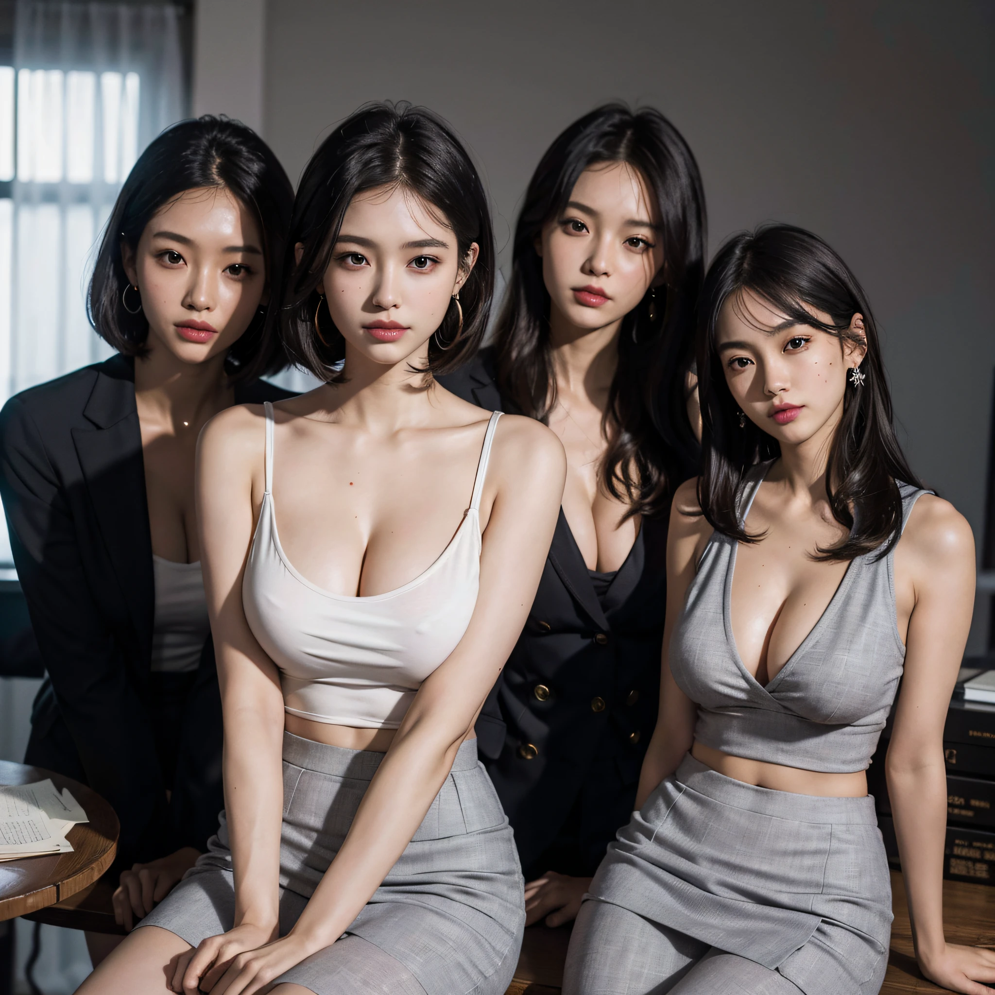 absurdres, RAW photo, extremely delicate and beautiful, masterpiece, Best Quality, ultra high resolution, 16k, hyperrealistic, ultra-detailed, Very detailed CG 8k wallpaper, Beautiful Lighting, Perfect Lightning, Realistic Shadows, perfect anatomy, super Detailed skin, perfect figure, Japanese woman, late 20s, very Slim body, narrow waist, very small head, handsome detailed woman, very detailed eyes and face, realistic face proportions, Stunning detailed eyes, Realistic beautiful face, very small face, Realistic small beautiful eyes, double eyelids, makeup, tearful mole, mole on chest, earring, bare legs, beautiful and very thin legs, beautiful and very thin thighs, (very huge round breasts:1.3), short hair, wavy hair, sweat, sleeveless, bare arms, bare legs, tight-fitting, midriff peek, cleavage, Fine Collarbone, (3 girls:1.5), (office lady suit:1.3), (skirt suit), (suit jacket),