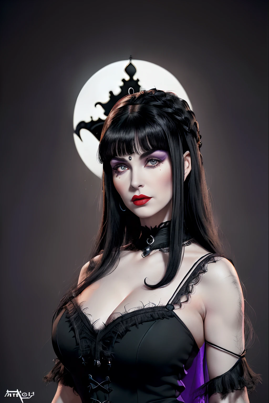 (((Rosto da atriz americana Cassandra Petterson))) Mulher de 40 anos, Gothic style, very white and pale skin, Seios enormes, (((((long black hair in a retro style based on the film "Elvira Senhora das Trevas" Huge, super high hairstyle in a vintage style with frayed bangs that go up to eyebrow length)))) , olhos azuis e suaves, vestido preto longo com um decote gigante, rosto inspirado em (Elvira Senhora das Trevas), (maquiagem com olhos bem alinhados em preto com um canto interno bem pontiagudo, Very smoky eye shadow in vivid purple, boca com batom vermelho sangue), vibe sexy escuro dominateix. (((arte inspirada em " Stanley Artgerm Lau" )))