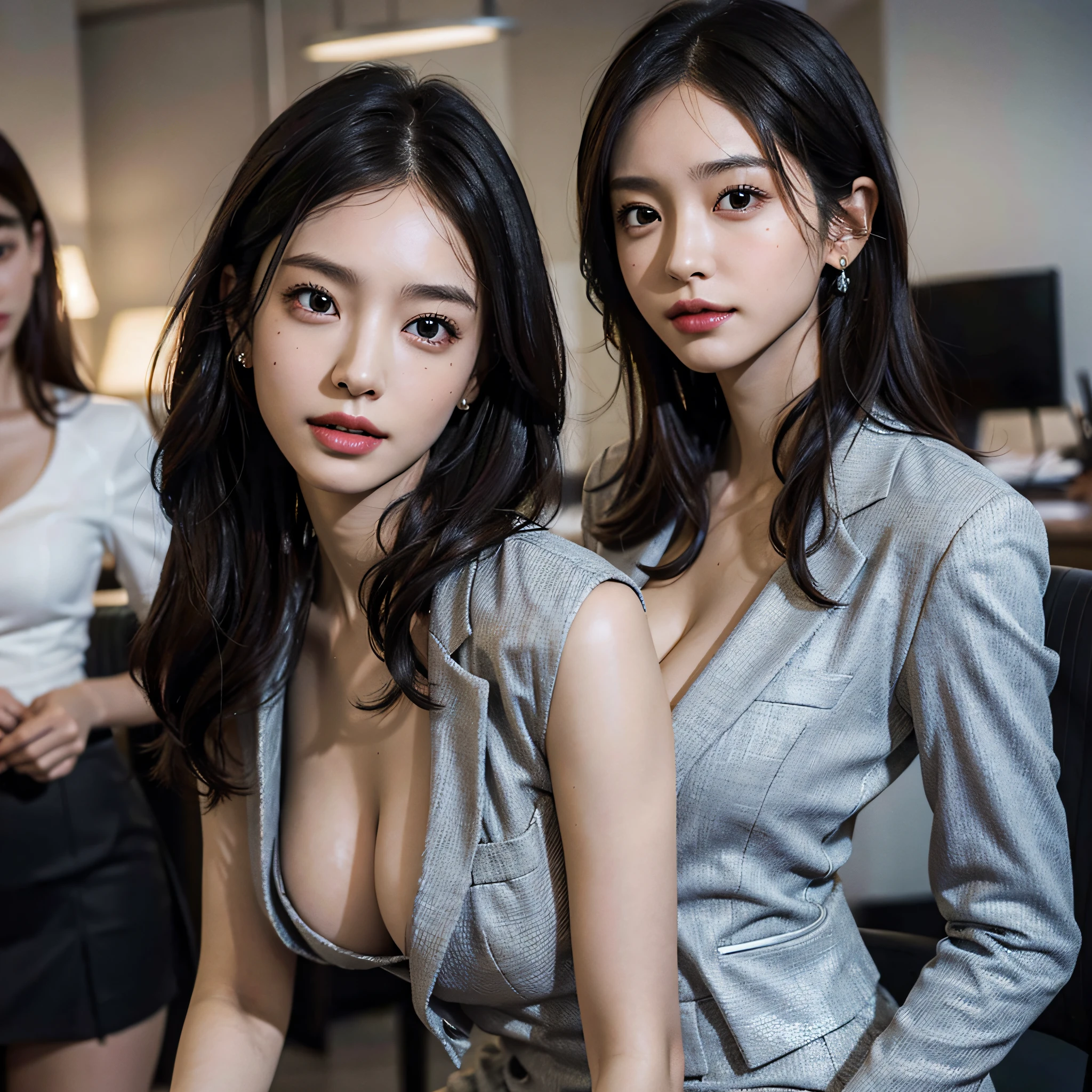 absurdres, RAW photo, extremely delicate and beautiful, masterpiece, Best Quality, ultra high resolution, 16k, hyperrealistic, ultra-detailed, Very detailed CG 8k wallpaper, Beautiful Lighting, Perfect Lightning, Realistic Shadows, perfect anatomy, super Detailed skin, perfect figure, Japanese woman, late 20s, very Slim body, narrow waist, very small head, handsome detailed woman, very detailed eyes and face, realistic face proportions, Stunning detailed eyes, Realistic beautiful face, very small face, Realistic small beautiful eyes, double eyelids, makeup, tearful mole, mole on chest, earring, bare legs, beautiful and very thin legs, beautiful and very thin thighs, (very huge round breasts:1.3), short hair, wavy hair, sweat, tight-fitting, cleavage, Fine Collarbone, (3 girls:1.5), (office lady suit:1.3), (skirt suit), (suit jacket),