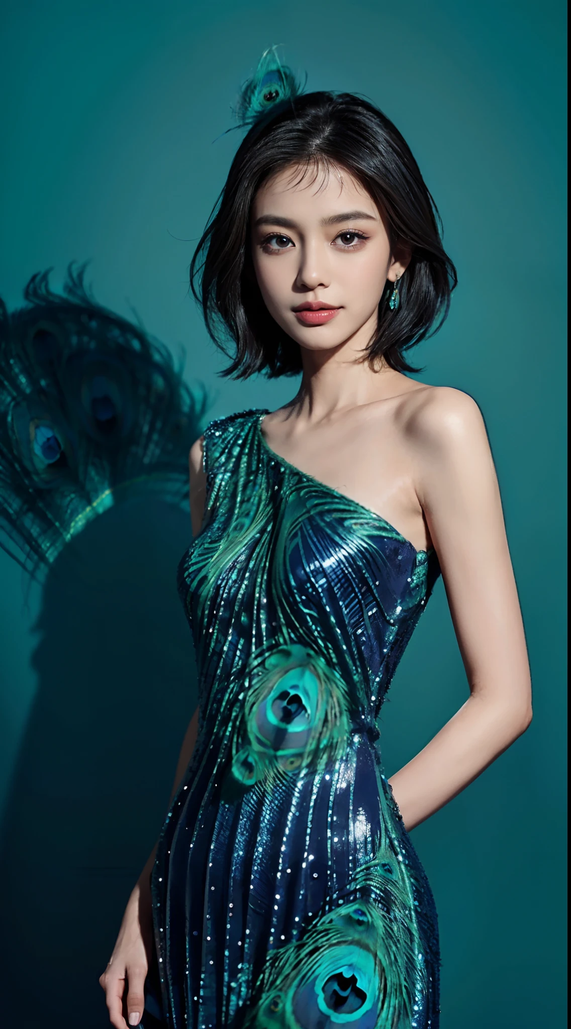 small head, (perfect bodies: 1.1), (short-length straight black short hair: 1.2), （极其细致的CG 8k壁纸），（Extremely refined and beautiful），（masterpiece），（best qualtiy：1.0），（超高分辨率：1.0），upper body，[A high resolution]，cheerfulness，Smile，Smooth and flawless fair skin，ultra - detailed,(Small breasts:1.1),Flat chest,Slim,thin,(Gorgeous Peacock Feather princess Evening Dress:1.4),jewels,Teal background，from front，(Close shot:1.3),cowboy shot,(upperbody:1.3),bare shoulder,shoulder off,(portrait:1.3)