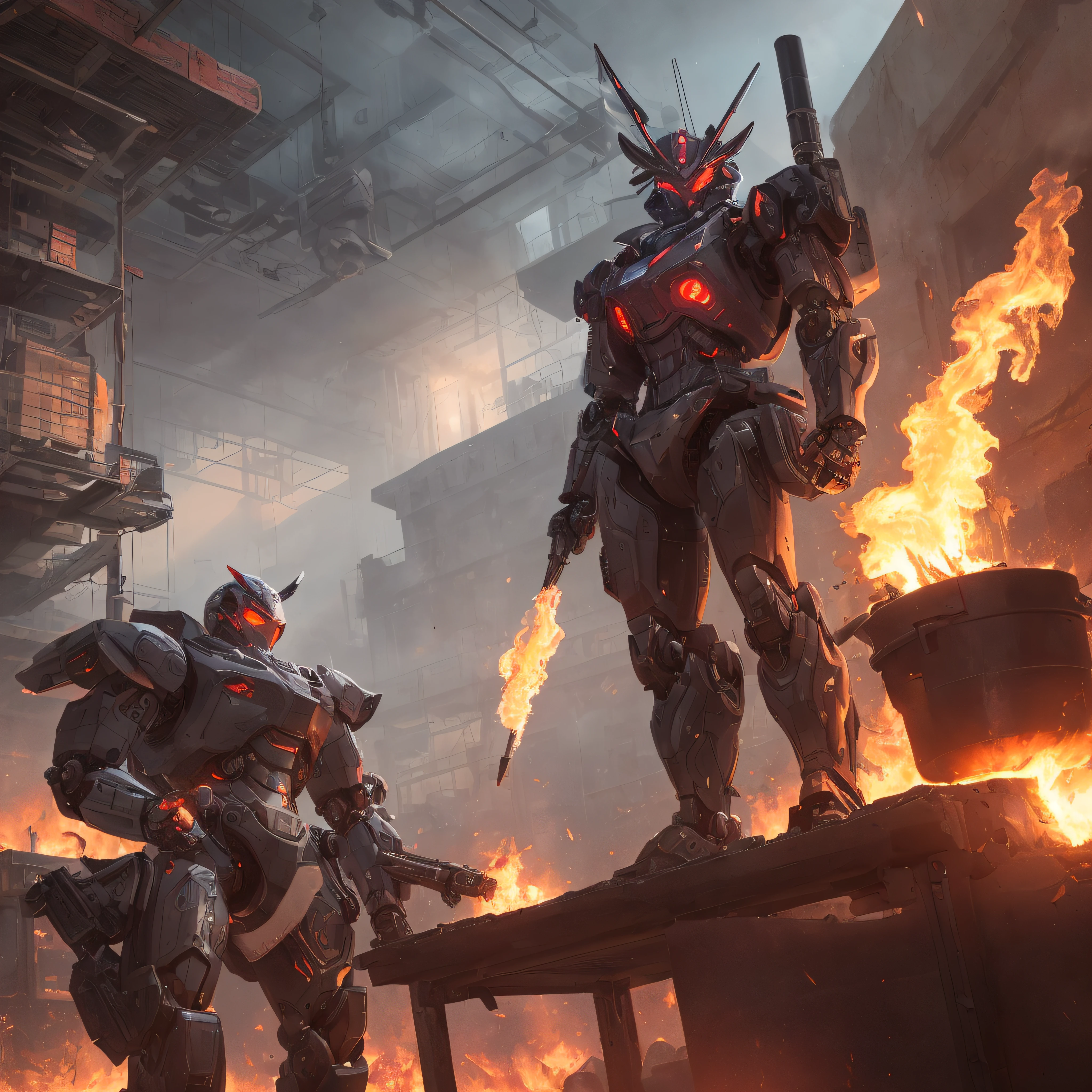 Absurd resolution, High resolution, (masutepiece: 1.4), Hyper-detailing, mechs, Black Armor, Large warehouse, Open eyes, Red glasses, facing the lens, fire, Body Power Stove Heat, Robotic arm with flame and white smoke in hand --auto