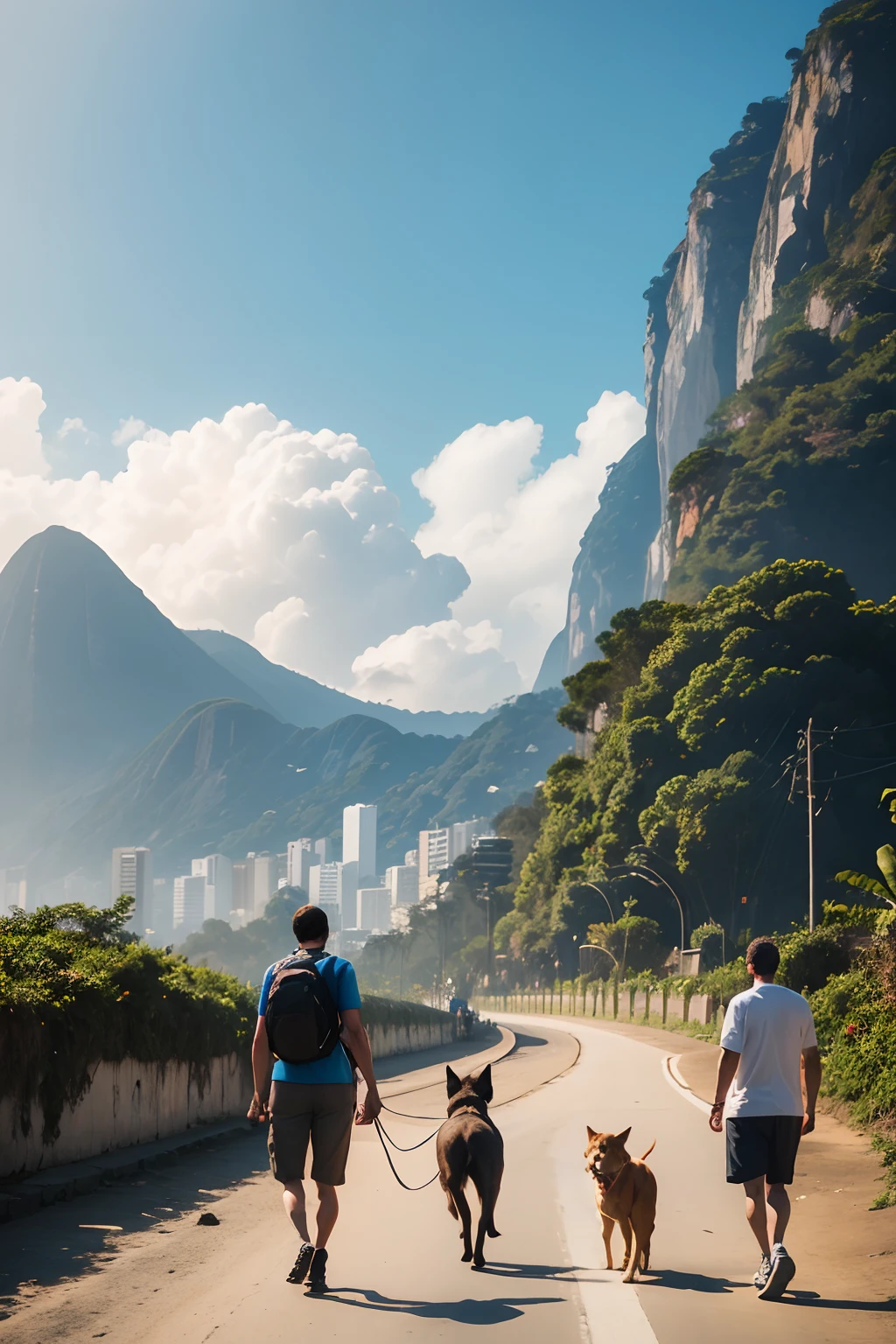 a man and two dog walking on rio de janeiro, with a lot of mountains on background