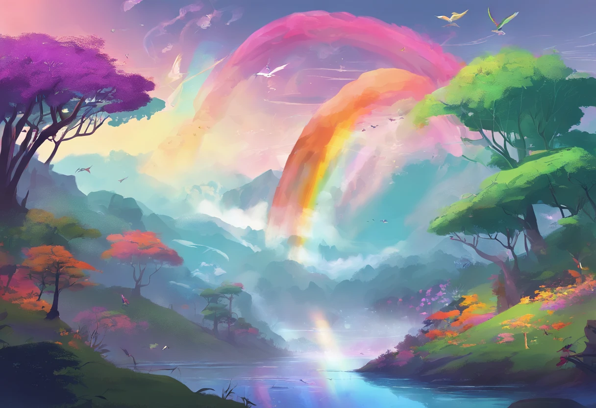 ((A rainbow appears in the sky after the rain)),baiyun, after rainny, Calm lake, inverted image, The outline of the tree, Birds fly, freshen, magical, Beautiful natural landscape