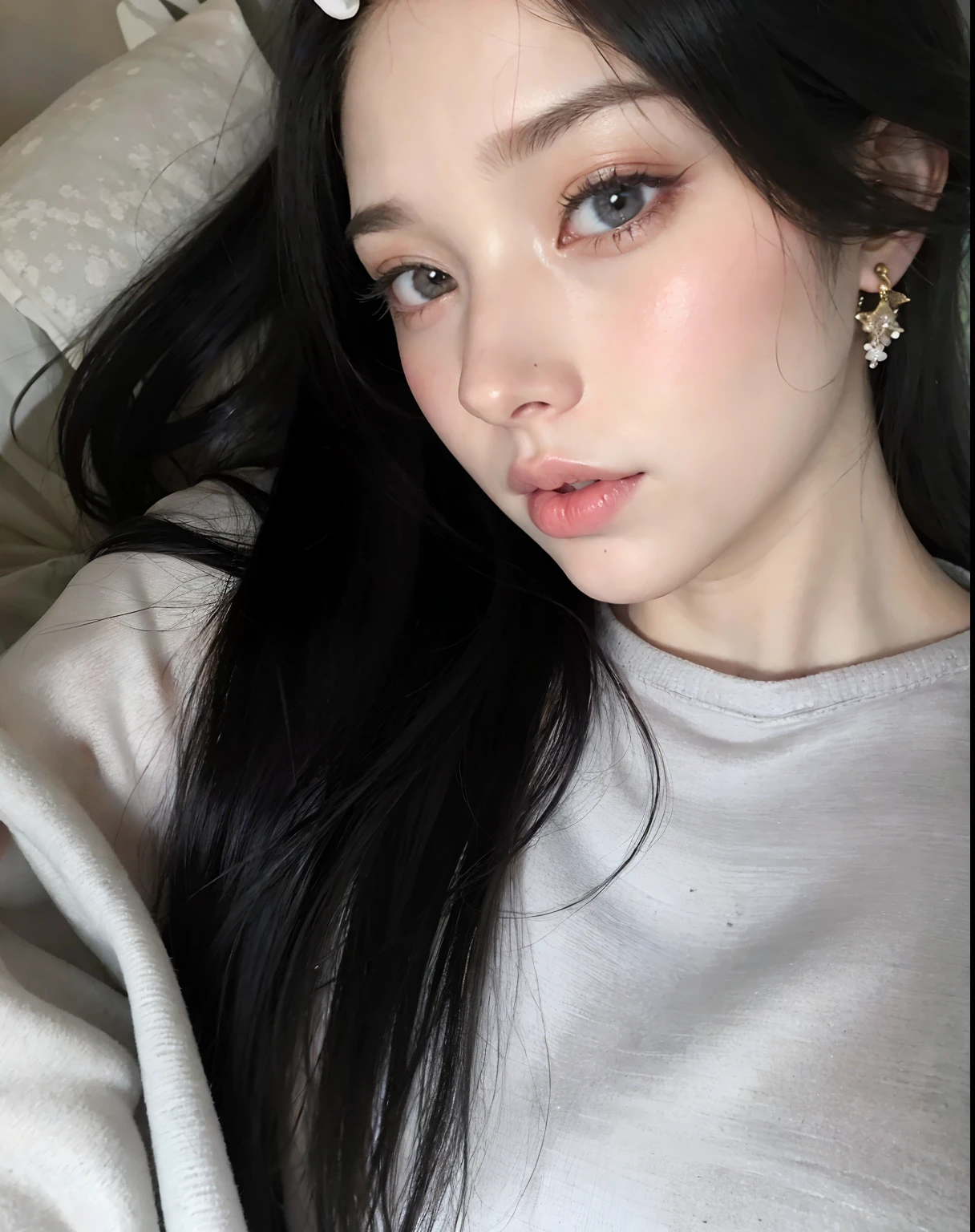 mulher arafed com longos cabelos pretos deitada em uma cama, with pale skin, pale fair skin!!, pale white skin, 18 anos, pale ivory skin, very very pale white skin, pale skin!, very very pale white skin, Anna Nikonova aka Newmilky, very very very pale white skin, cabelos pretos e olhos grandes, pale glowing skin