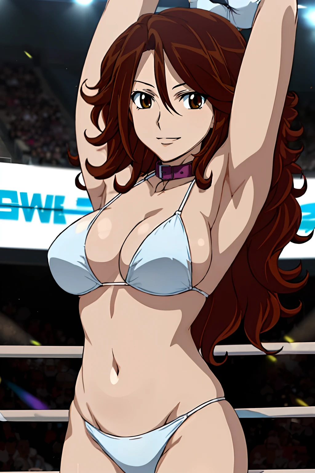 hug, Elegant lady, (upper body only), anime style: 1.8, anime drawing, ultra detailed face, ultra detailed body, 4k, Sumergai Lee Noriega, (standing), best quality, anime style, hires, highest definition, digital blending, bold drawing lines, ((wwe diva), (location: wrestling arena, crowds watching), ( slim body, (little biceps), , off-shoulders, closed fists, (curvy: 2.8)), ((white bikini, only, white gloves, collar, armpit protector)), victorious, winner, gentle, (pale skin, shiny skin, very big breasts, smile), (big eyes, brown eyes), (clapping), (brown hair, loose hair, curly hair, wavy hair, long hair, missy hair), 27 years old,