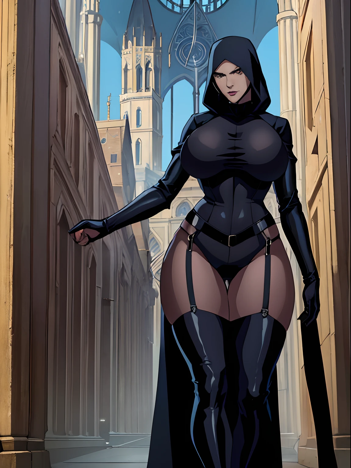 (masterpiece, top quality, best quality, official art, beautiful and aesthetic:1.2), (1girl:1.3), light freckles, fair skin, extremely detailed, portrait, looking at viewer, solo, (full body:0.6), detailed background, close up, (dark gothic theme:1.1), nun with guns, charlatan, smirk, mysterious, swaggering through cathedral, modest attire, black habit, cowl, nun hood, wimple, thigh-high boots, bodysuit, leotard, loose sleeves, cloak, corset, leather straps, ammunition pouches, long boots, submachineguns, SMGs, MP5s, thigh pouches, holsters, garters, ((((narrow hips, slim sexy body, gigantic breasts)))), slim waist, slim hips, long legs, modern (cathedral exterior:1.1) background, dark mysterious lighting, shadows, magical atmosphere, dutch angle,