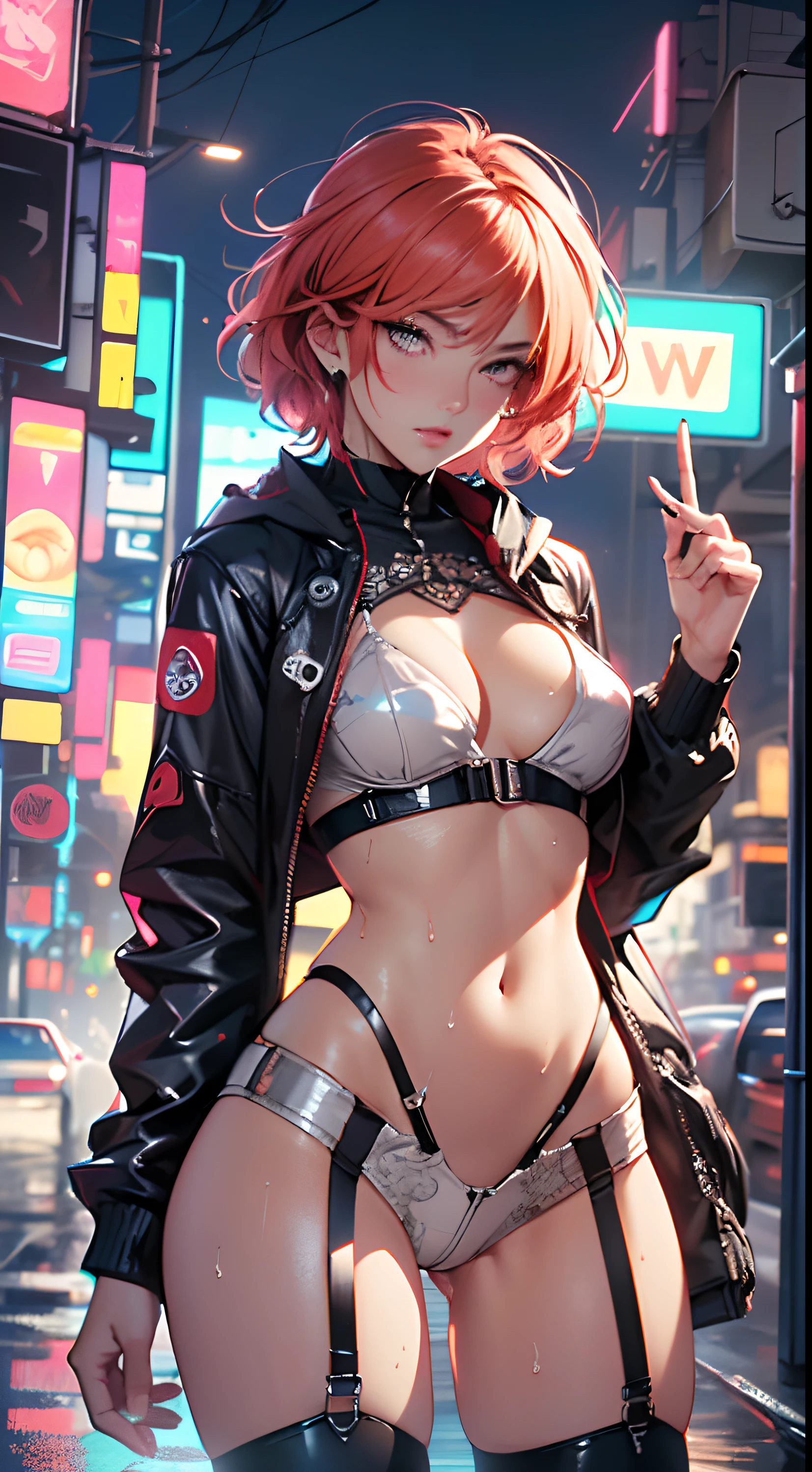 mechanical girl,1girl,(( 1girl with extremely cute and beautiful red hair)), synthwave color, neon orange accent, orange eyes,
medium breasts,(((short red hair, cropped,redhead,very short hair))),(((neon orange eyes ))),intricate eyes,beautiful detailed eyes,symmetrical eyes,(fat),((((dark skin,lustrous skin:1.5,bright skin: 1.5,shiny skin,very shiny skin,shiny body,illuminated skin,wet legs)))),(spider lower abdomen,narrow waist,wide hip ,athletic body,healthy legs,delicate and detailed fingers,detailed body,(detailed face)),((slim legs)),((fit thighs)),((fit girl)),
cute,slutty,sensual,seductive look,seductive,erotic,((nsfw)),
(fitted overalls: 1.3,suit unbuttoned),((mechanical tools on his clothing)),(((cleavage))),((wet clothes,intricate outfit,intricate clothes)),
(dynamic pose:1.0),embarrassed,(centered,scale to fit dimensions,Rule of thirds),
cyberpunk city by the ocean at night, with bright neon signs and dark stormy clouds and puddles, scenery:1.25,
artistic photography,(photography taken by sldr),highres, sharp focus, (ultra detailed, extremely detailed), (photorealistic artwork:1.37),(extremely detailed CG 8k ),((synthwave background theme)),(((vibrant colors))),(intricate background),(masterpiece),(best quality),crisp detail, sharp focus