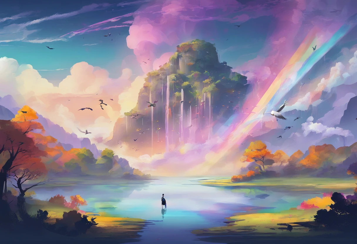 ((A rainbow appears in the sky after the rain)),baiyun, after rainny, Calm lake, inverted image, The outline of the tree, Birds fly, freshen, magical, Beautiful natural landscape