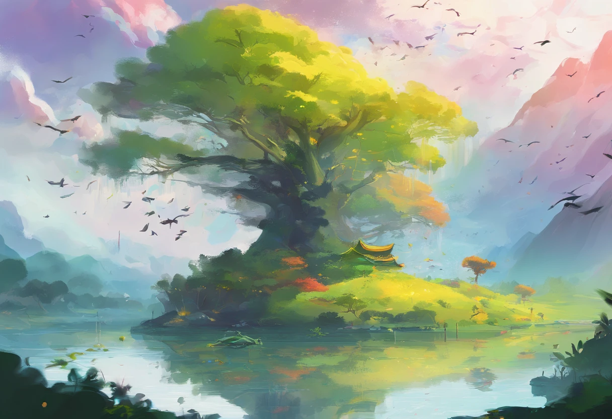（（A rainbow appears in the sky after the rain）），baiyun, after rainny, Calm lake, inverted image, The outline of the tree, Birds fly, freshen, magical, Beautiful natural landscape