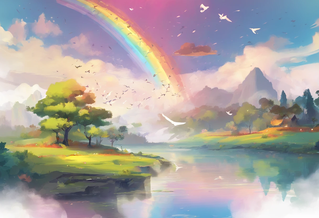 （（A rainbow appears in the sky after the rain）），baiyun, after rainny, Calm lake, inverted image, The outline of the tree, Birds fly, freshen, magical, Beautiful natural landscape