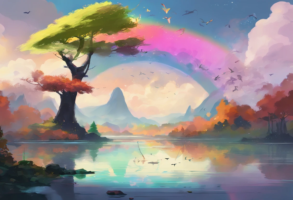 ((A rainbow appears in the sky after the rain)),baiyun, after rainny, Calm lake, inverted image, The outline of the tree, Birds fly, freshen, magical, Beautiful natural landscape