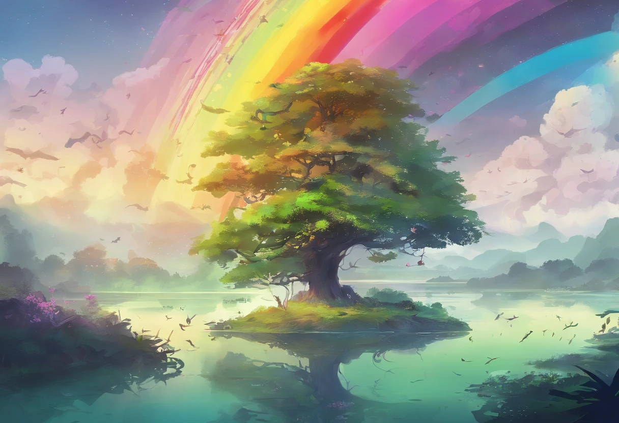 （（A rainbow appears in the sky after the rain）），baiyun, after rainny, Calm lake, inverted image, The outline of the tree, Birds fly, freshen, magical, Beautiful natural landscape