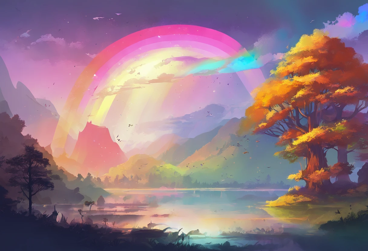 ((A rainbow appears in the sky after the rain)),baiyun, after rainny, Calm lake, inverted image, The outline of the tree, Birds fly, freshen, magical, Beautiful natural landscape