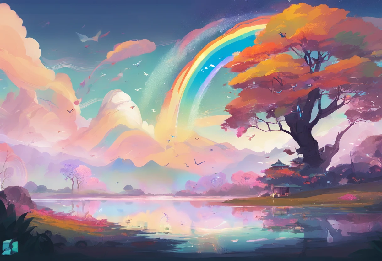 ((A rainbow appears in the sky after the rain)),baiyun, after rainny, Calm lake, inverted image, The outline of the tree, Birds fly, freshen, magical, Beautiful natural landscape