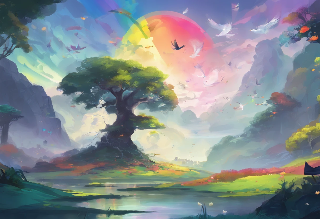 （（A rainbow appears in the sky after the rain）），baiyun, after rainny, Calm lake, inverted image, The outline of the tree, Birds fly, freshen, magical, Beautiful natural landscape