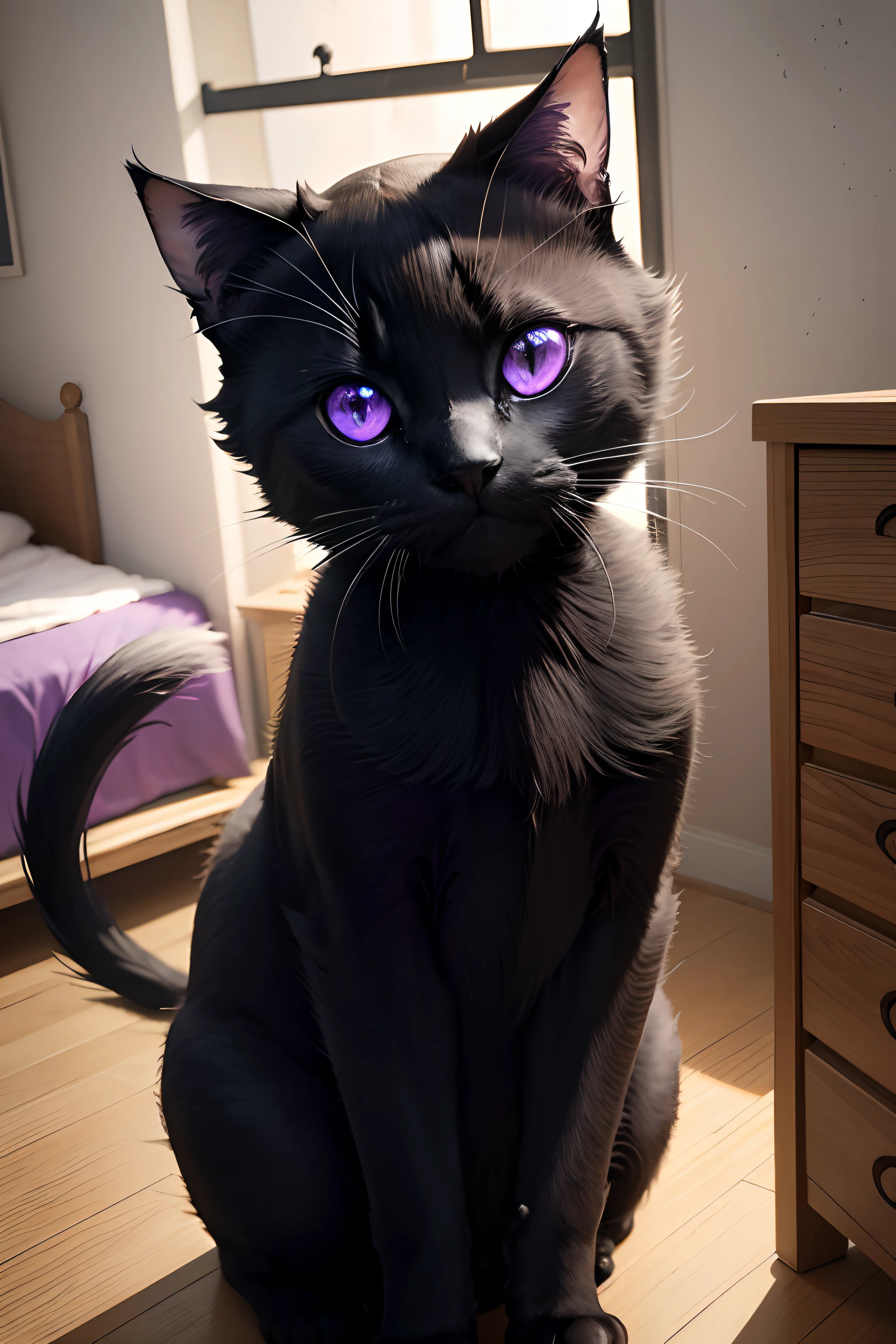 Beautiful black cat with only one purple eye、Depiction of the entire room、tail without discomfort、Broken chest of drawers、Perforated wall、Rooms in an abandoned apartment