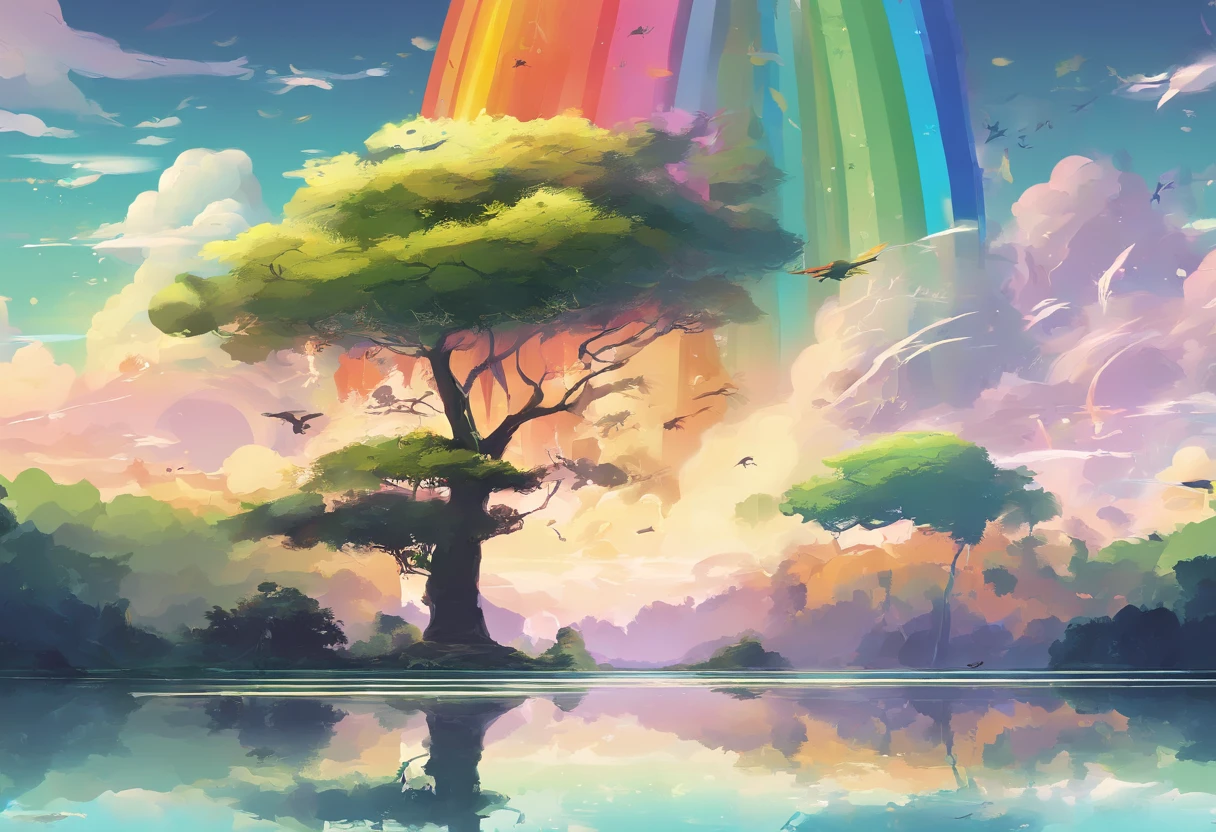 ((A rainbow appears in the sky after the rain)),baiyun, after rainny, Calm lake, inverted image, The outline of the tree, Birds fly, freshen, magical, Beautiful natural landscape