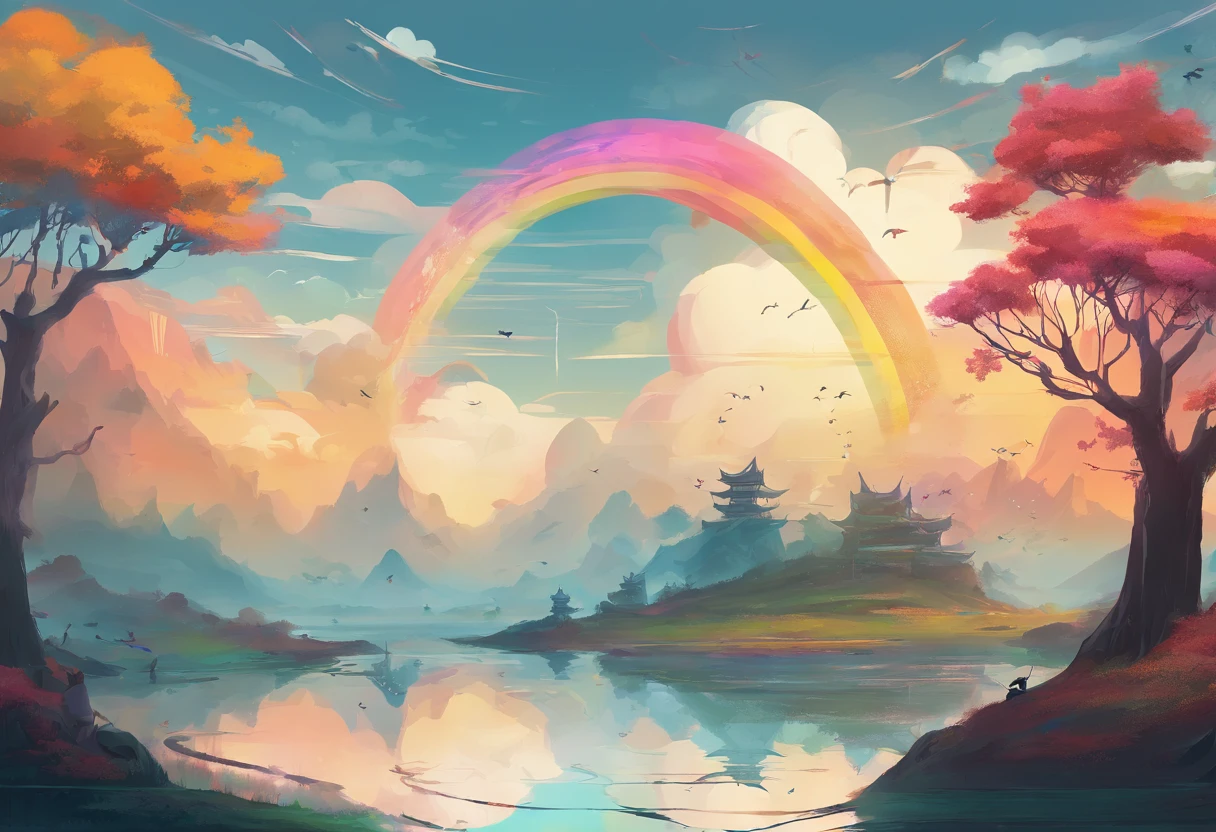 ((A rainbow appears in the sky after the rain)),baiyun, after rainny, Calm lake, inverted image, The outline of the tree, Birds fly, freshen, magical, Beautiful natural landscape