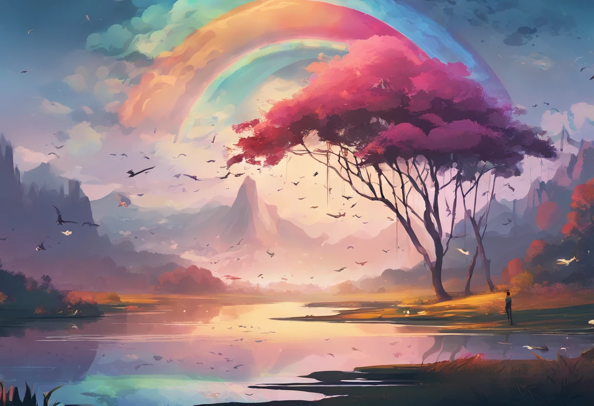 ((A rainbow appears in the sky after the rain)),baiyun, after rainny, Calm lake, inverted image, The outline of the tree, Birds fly, freshen, magical, Beautiful natural landscape