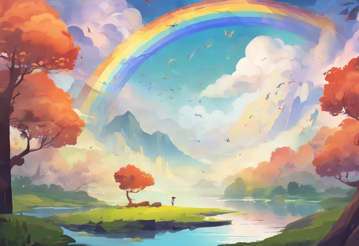 ((A rainbow appears in the sky after the rain)),baiyun, after rainny, Calm lake, inverted image, The outline of the tree, Birds fly, freshen, magical, Beautiful natural landscape