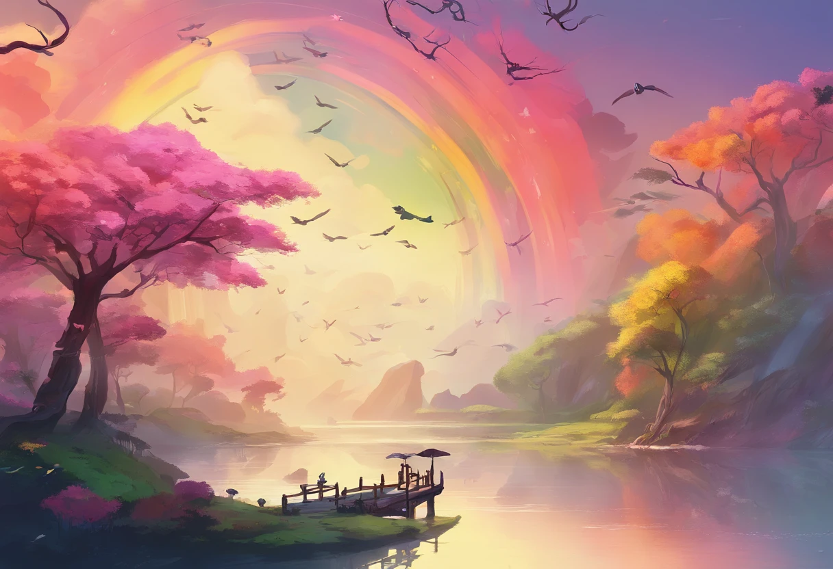 ((A rainbow appears in the sky after the rain)),baiyun, after rainny, Calm lake, inverted image, The outline of the tree, Birds fly, freshen, magical, Beautiful natural landscape