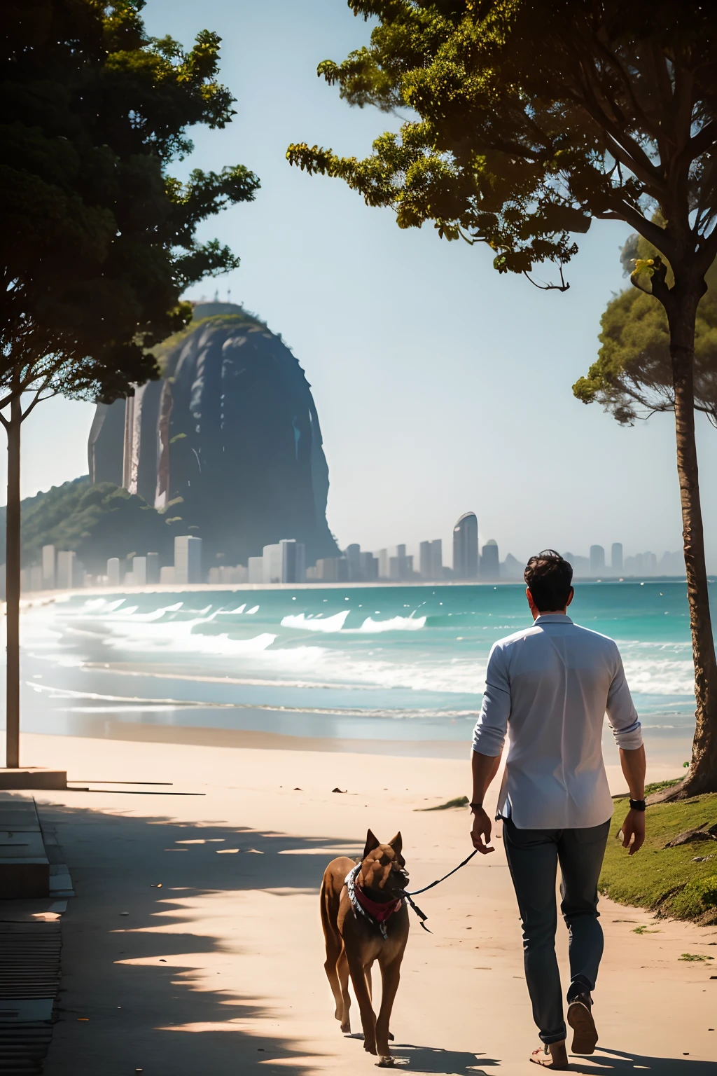 a stunning image of a man walking with his dog, with a beautiful background of Rio de Janeiro