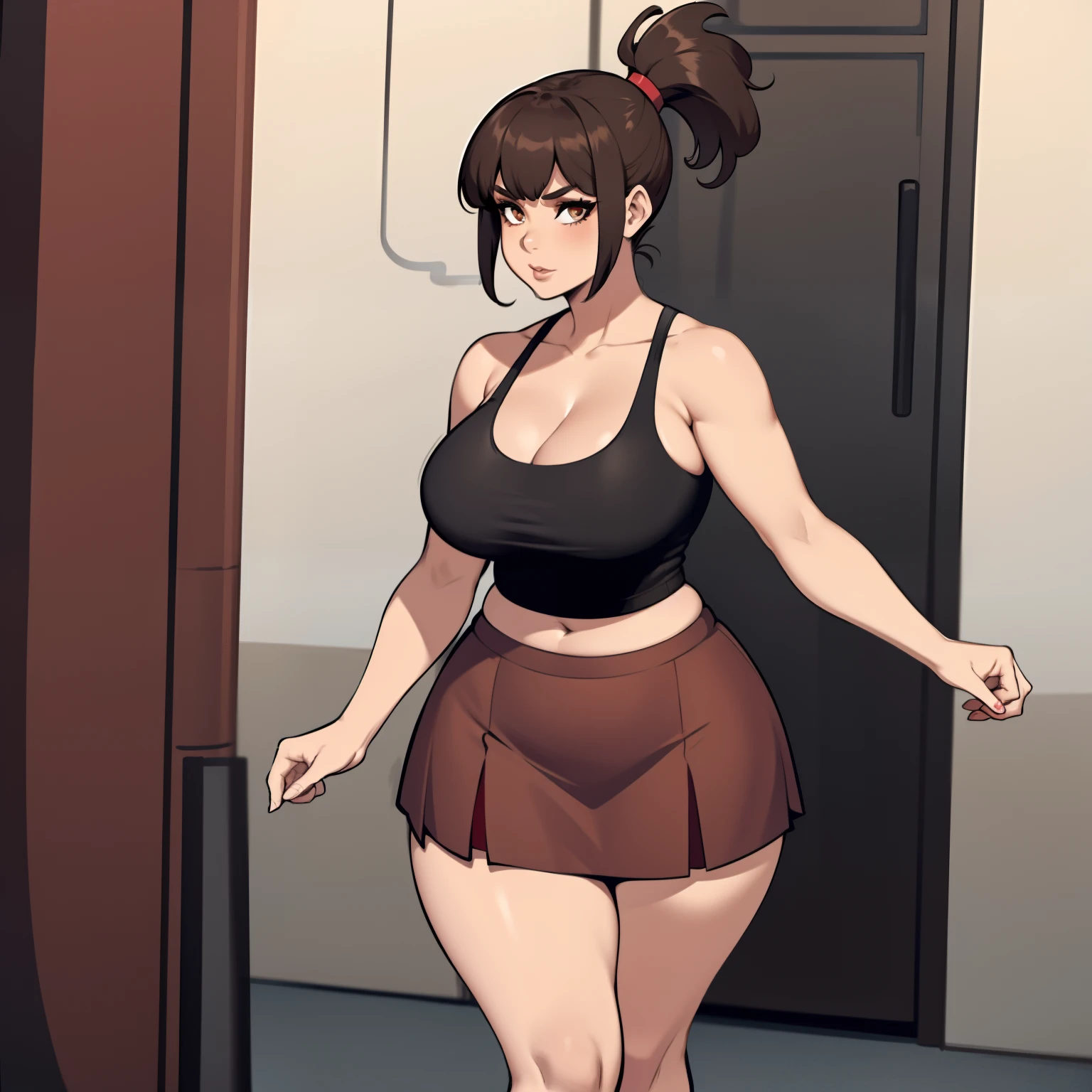 one female with short ponytail brown haircut, wearing short red skirt, wearing black cut off tube top, thicc, alone, solo, (ALONE)(SOLO), showing cleavage, facing forward, looking at me, looking forward, showing belly