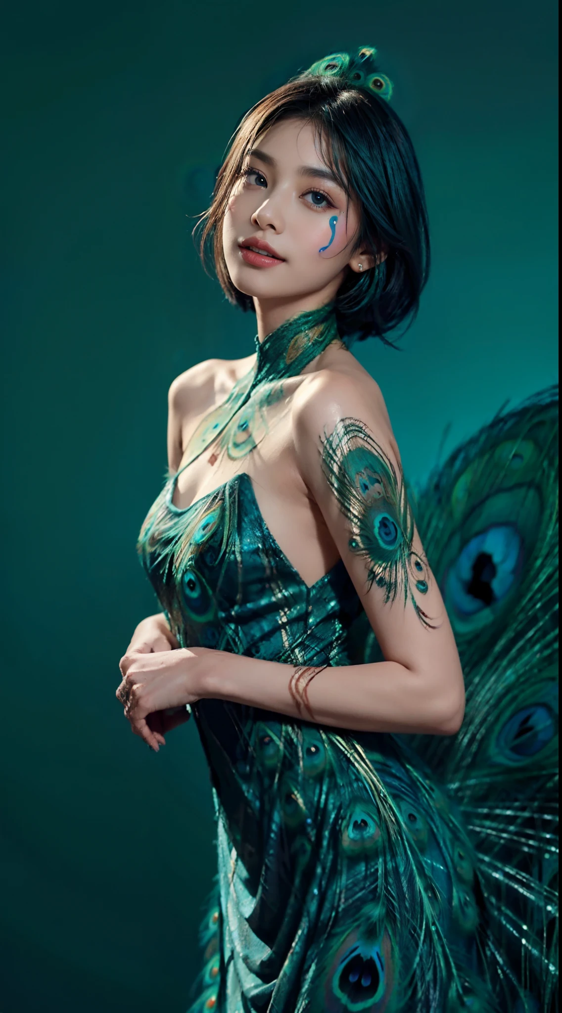 small head, (perfect bodies: 1.1), (short-length straight black short hair: 1.2), （极其细致的CG 8k壁纸），（Extremely refined and beautiful），（masterpiece），（best qualtiy：1.0），（超高分辨率：1.0），upper body，[A high resolution]，cheerfulness，Smile，Smooth and flawless fair skin，ultra - detailed,(Small breasts:1.1),Flat chest,Slim,thin,(A princess evening dress made of magnificent peacock feathers:1.4),jewels,Teal background，from front，(Close shot:1.3),cowboy shot,(upperbody:1.3),(bare breasts:0.9),bare shoulder,shoulder off,(portrait:1.3),(body painting with colorful peacock patterns:1.3),Huge skirt hem