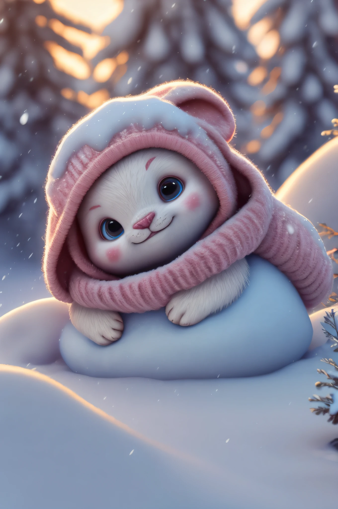cute harp seal with fluffy fur wearing a snapback hat, lying flat down in snow, head and body covered in a pile of snow, snowing in the arctic, vivid colors, 3d render, bright lighting, vivid colors, grinning from ear to ear,