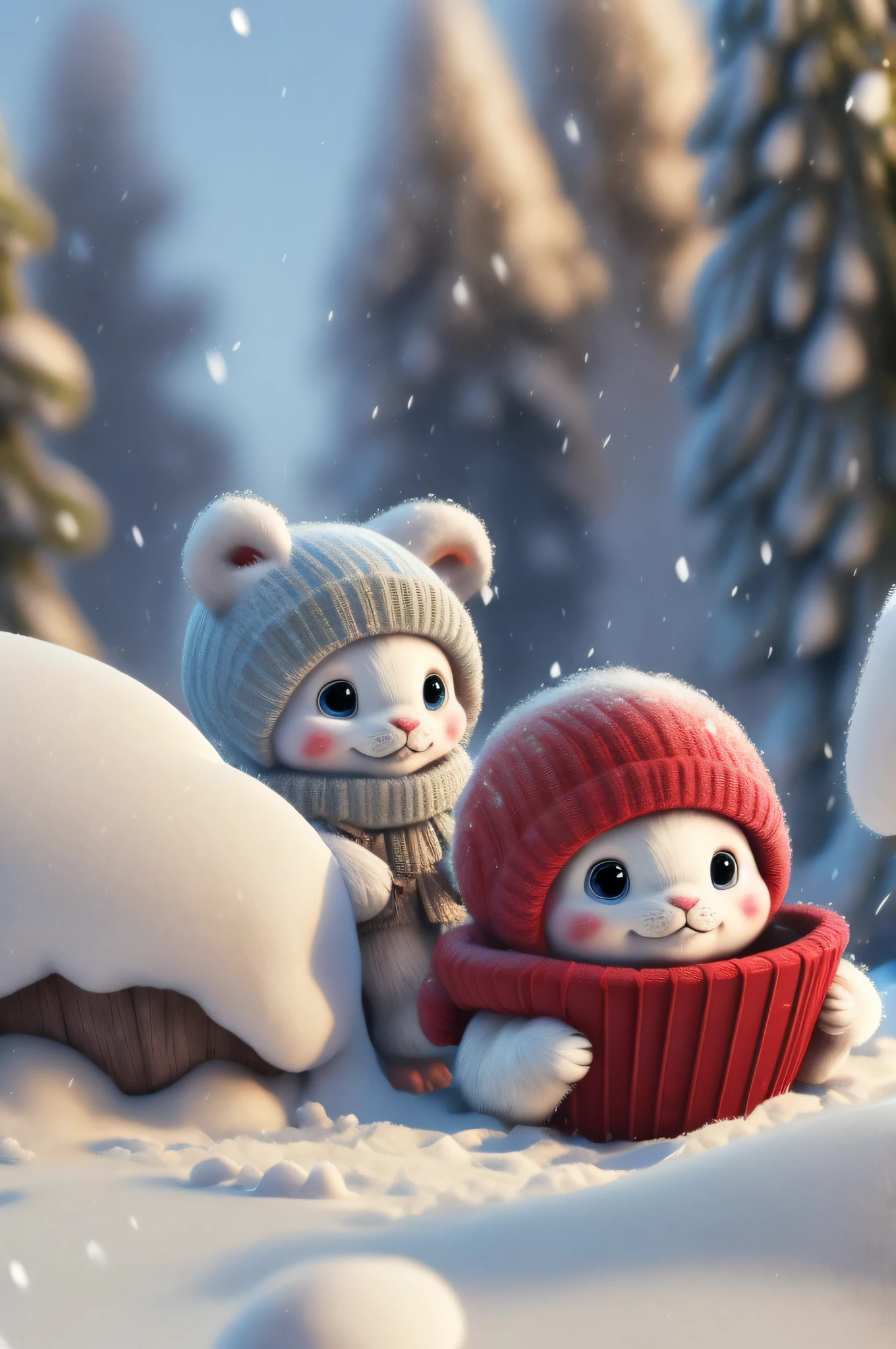 cute harp seal with fluffy fur wearing a snapback hat, lying flat down in snow, head and body covered in a pile of snow, snowing in the arctic, vivid colors, 3d render, bright lighting, vivid colors, grinning from ear to ear,
