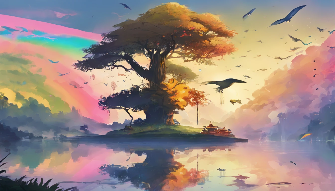 ((A rainbow appears in the sky after the rain)),baiyun, after rainny, Calm lake, inverted image, The outline of the tree, Birds fly, freshen, magical, Beautiful natural landscape