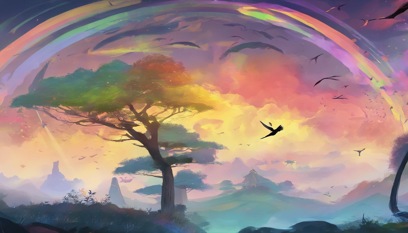 ((A rainbow appears in the sky after the rain)),baiyun, after rainny, Calm lake, inverted image, The outline of the tree, Birds fly, freshen, magical, Beautiful natural landscape